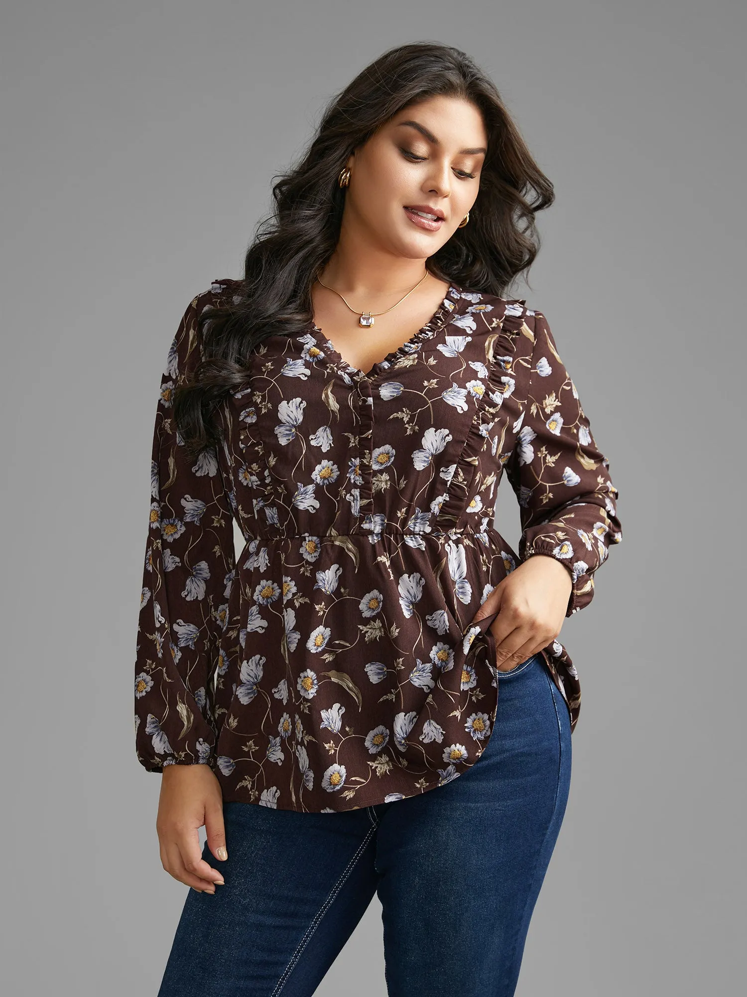 Floral Lantern Sleeve Frill Trim Blouse sold by Bloomchic product image thumbnail 3