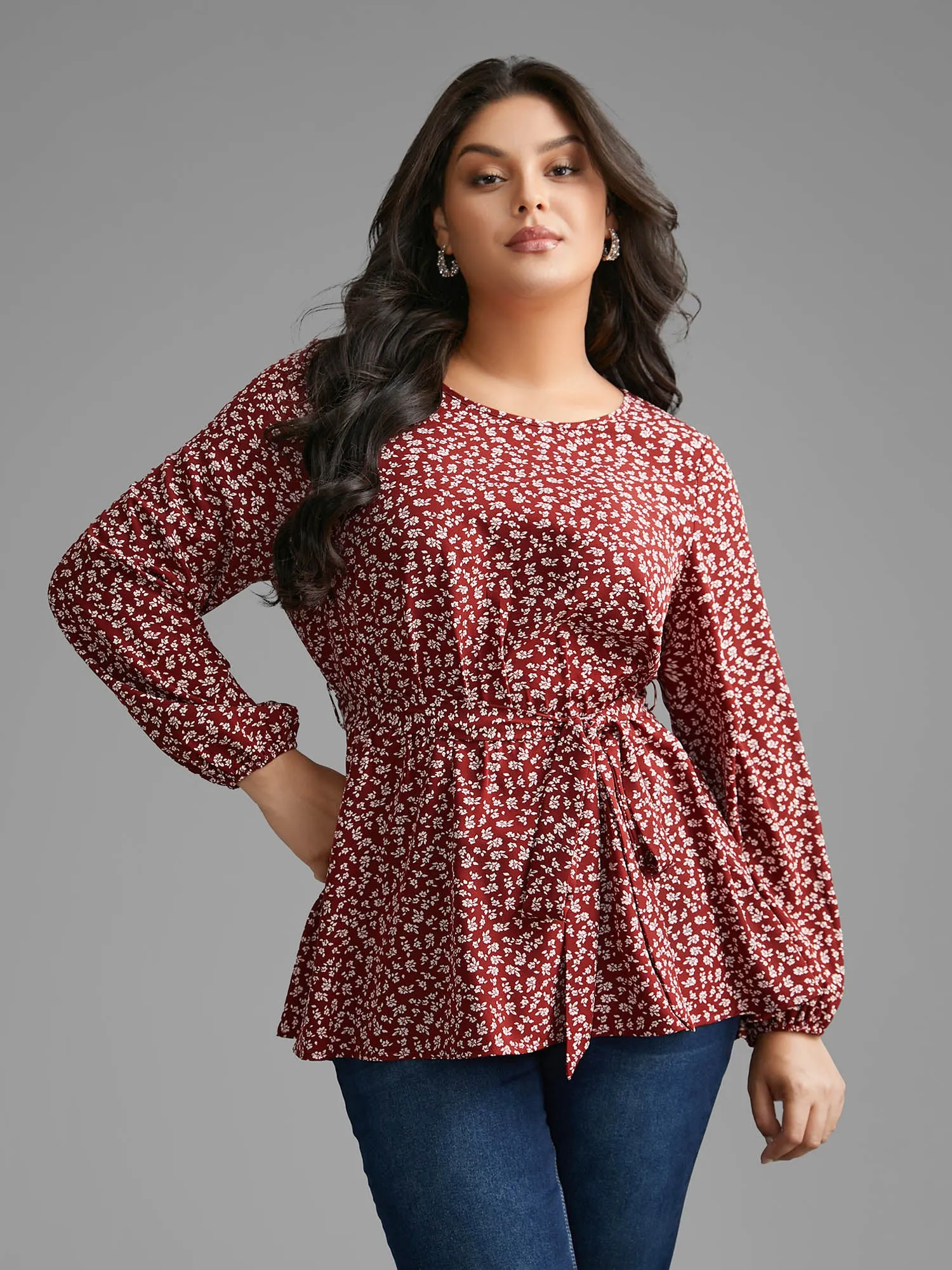 Ditsy Floral Lantern Sleeve Belted Blouse sold by Bloomchic product image thumbnail 3