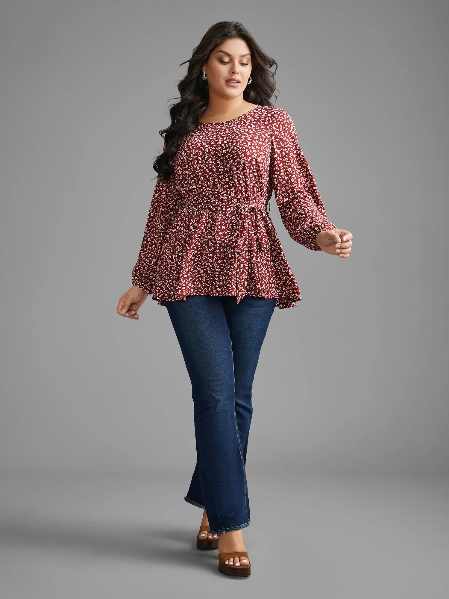 Ditsy Floral Lantern Sleeve Belted Blouse sold by Bloomchic product image thumbnail 2