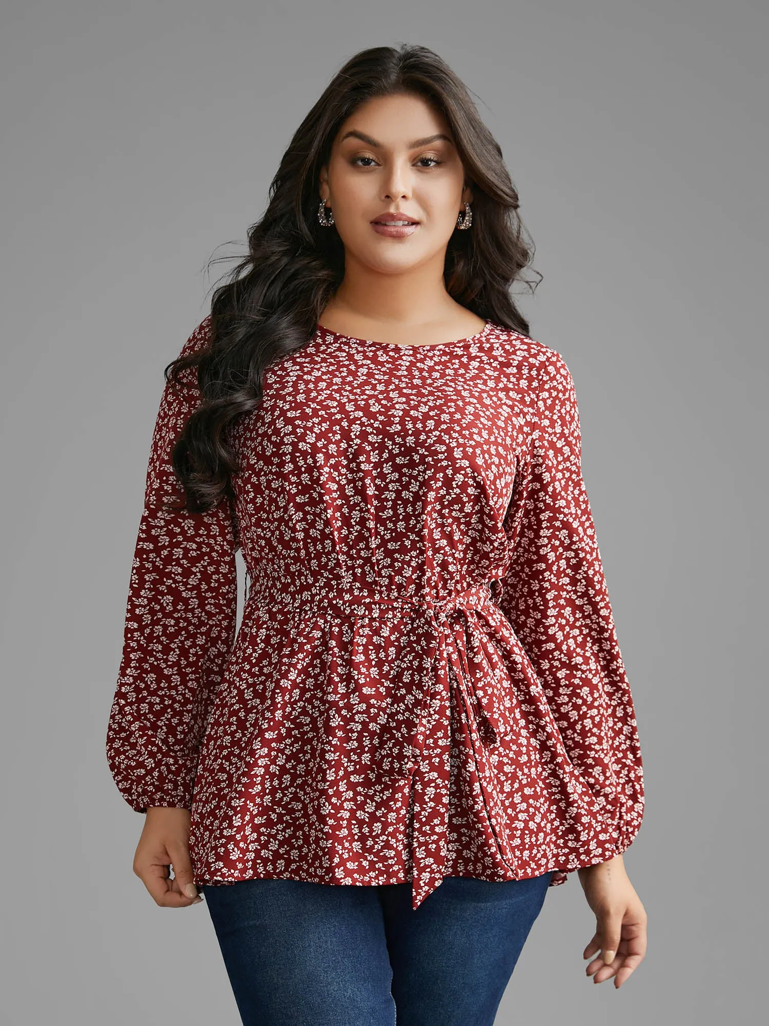 Ditsy Floral Lantern Sleeve Belted Blouse sold by Bloomchic