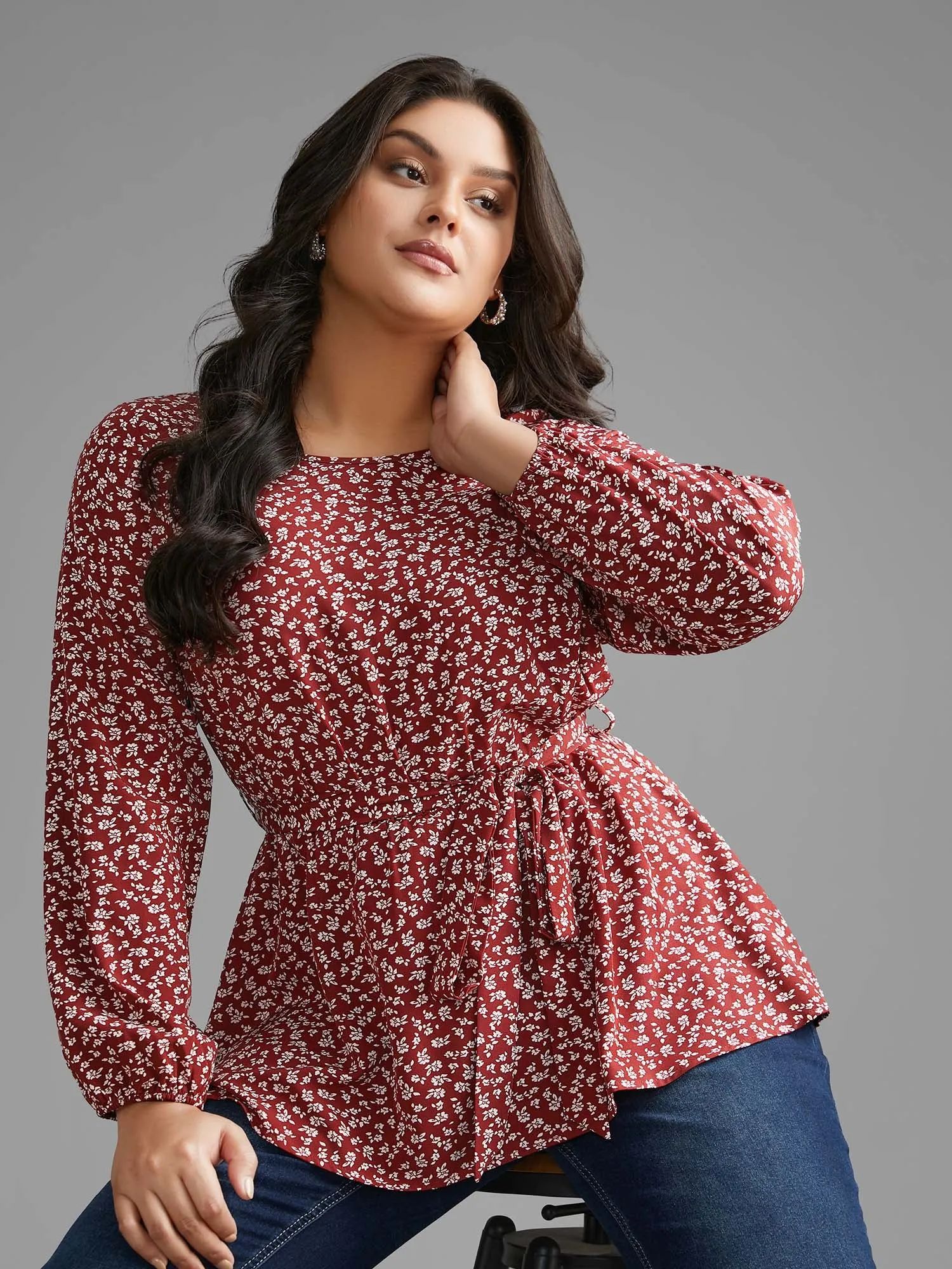 Ditsy Floral Lantern Sleeve Belted Blouse sold by Bloomchic product image thumbnail 4