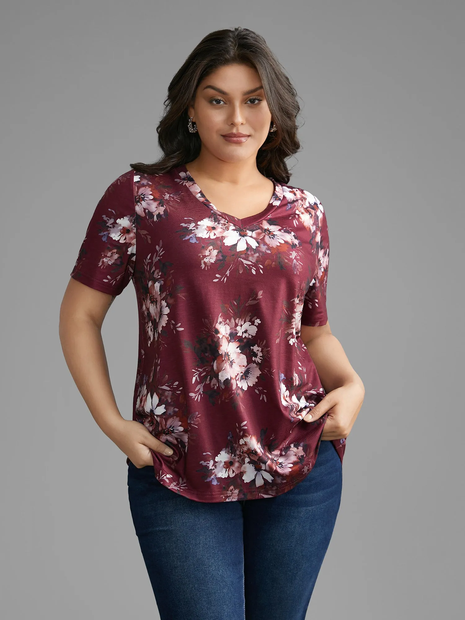 Floral Print V Neck Stretchy T-shirt sold by Bloomchic