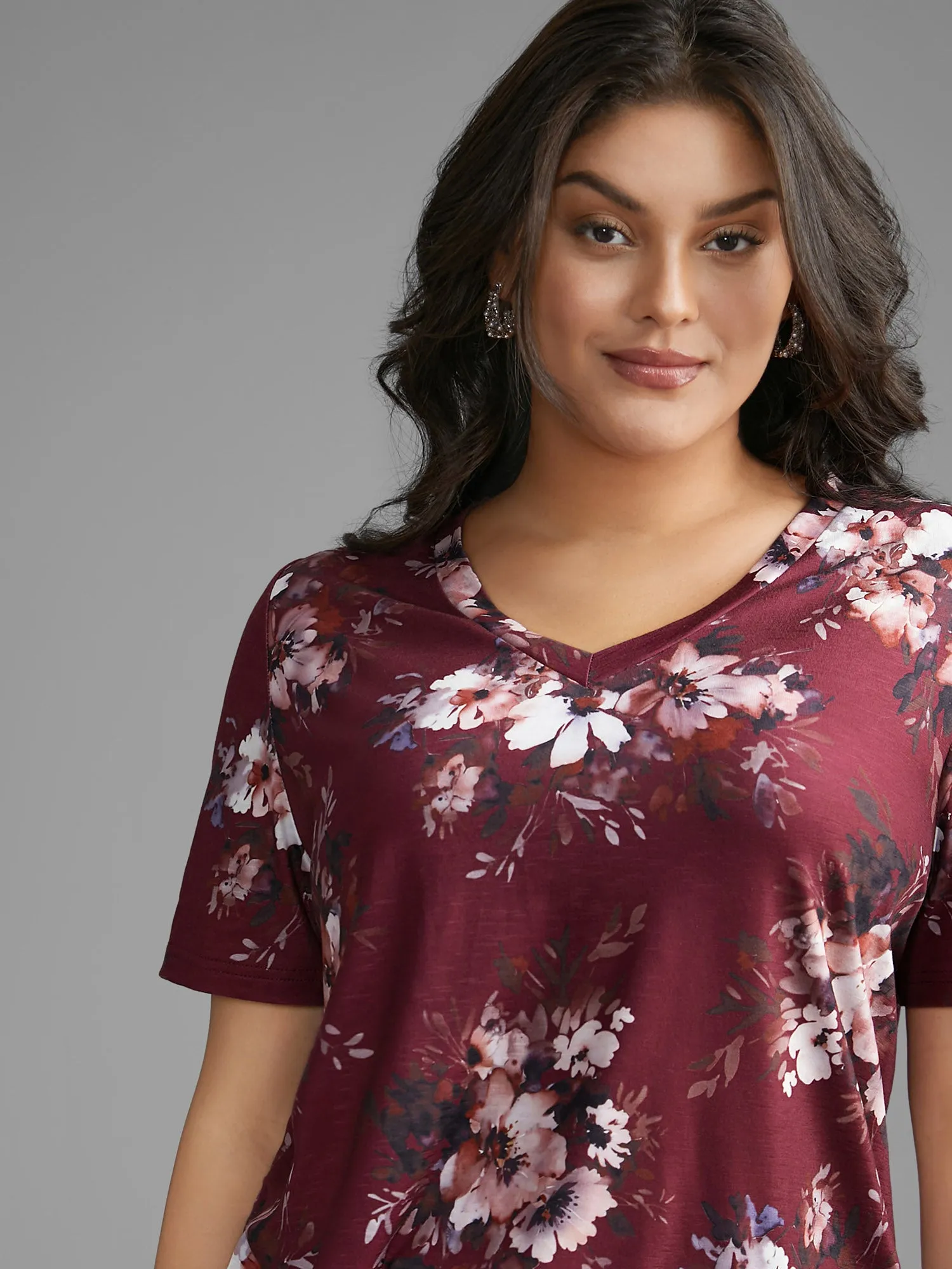 Floral Print V Neck Stretchy T-shirt sold by Bloomchic product image thumbnail 4