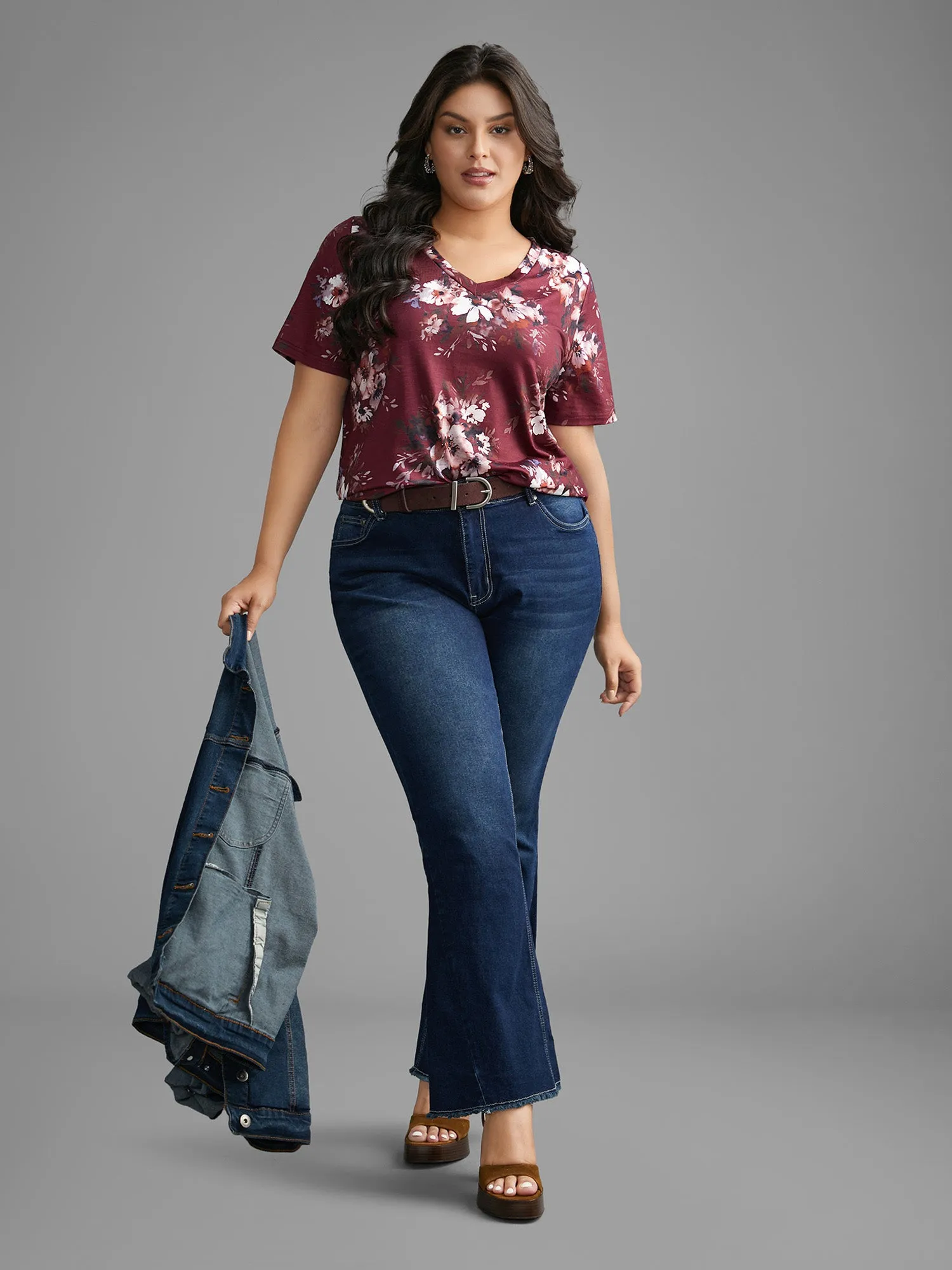 Floral Print V Neck Stretchy T-shirt sold by Bloomchic product image thumbnail 3