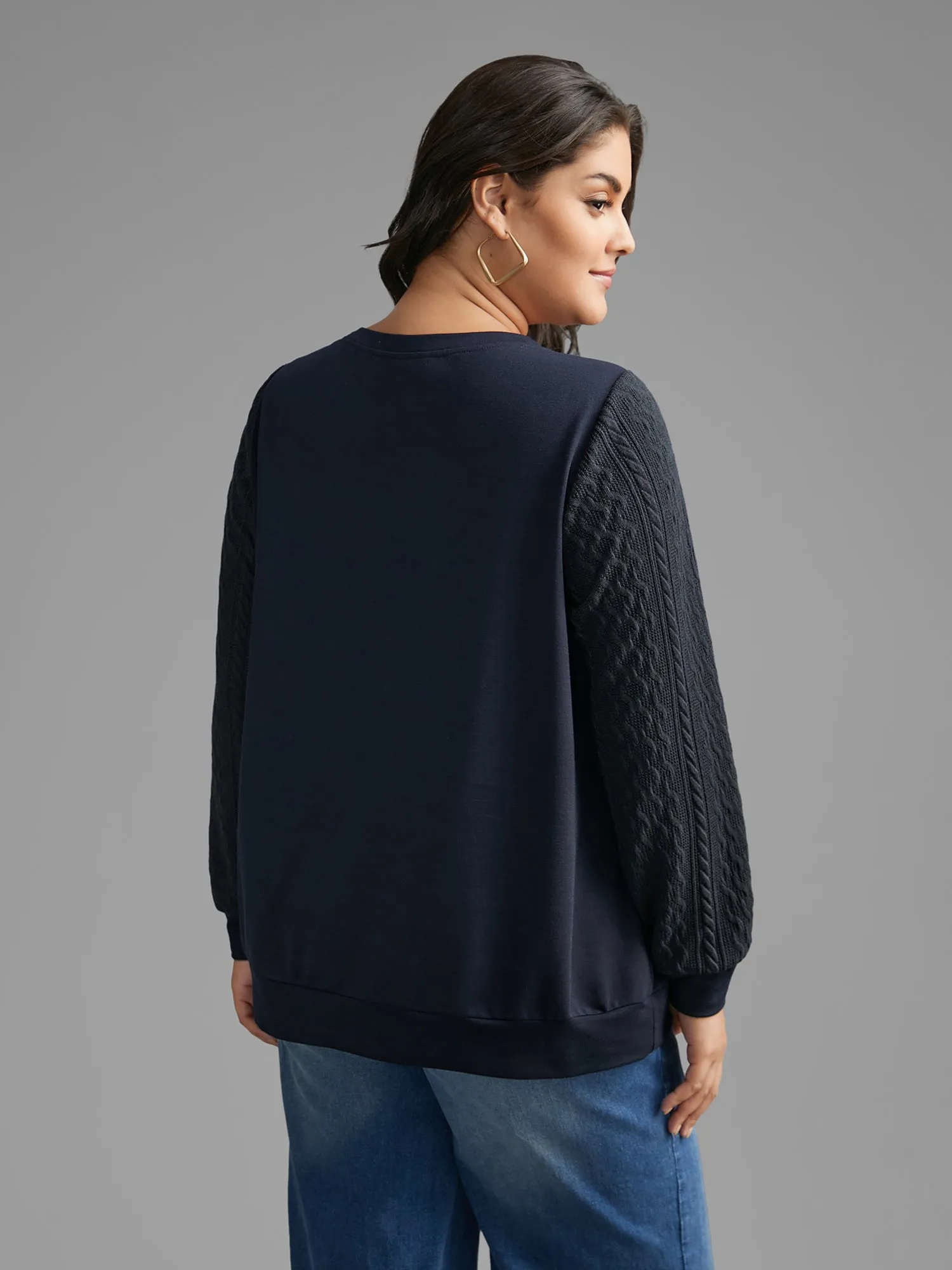 Crew Neck Plain Textured Patchwork Sweatshirt sold by Bloomchic product image thumbnail 3