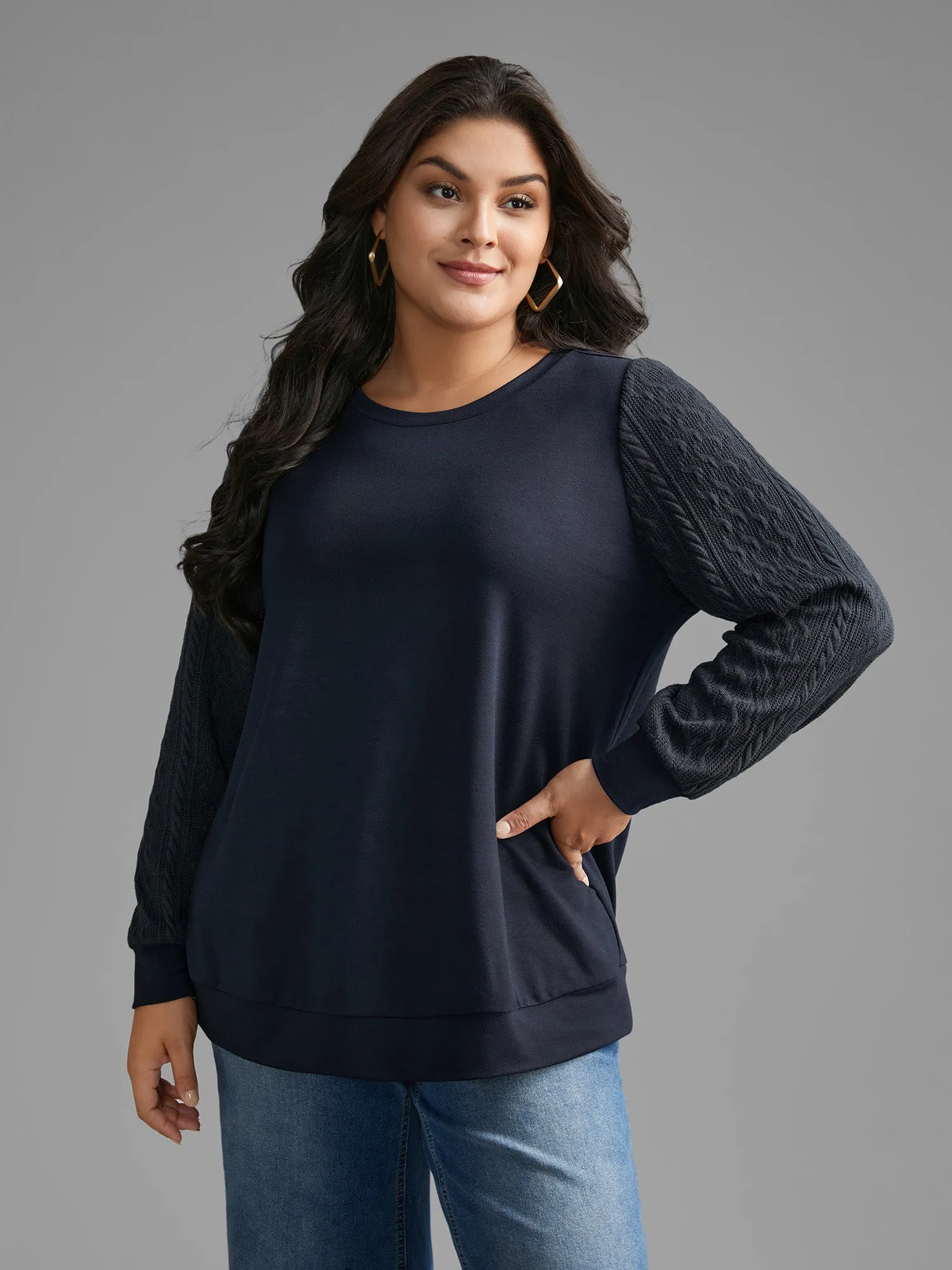 Crew Neck Plain Textured Patchwork Sweatshirt sold by Bloomchic product image thumbnail 2