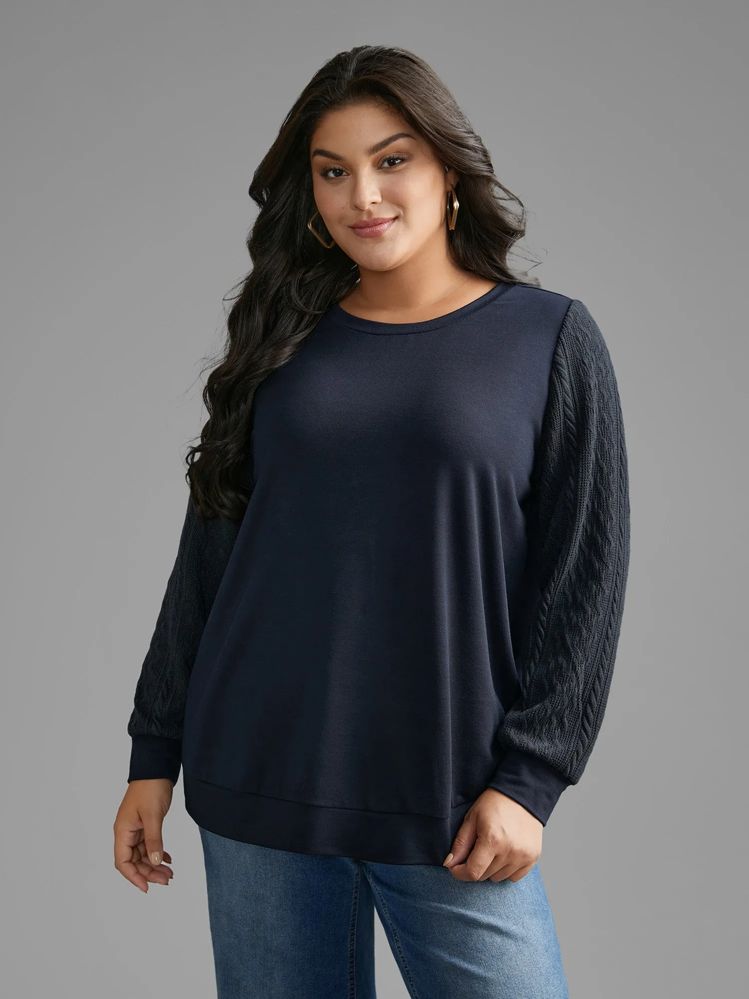 Crew Neck Plain Textured Patchwork Sweatshirt sold by Bloomchic