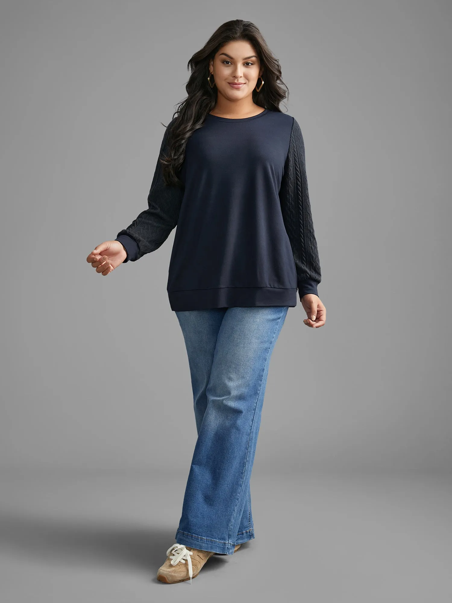 Crew Neck Plain Textured Patchwork Sweatshirt sold by Bloomchic product image thumbnail 4