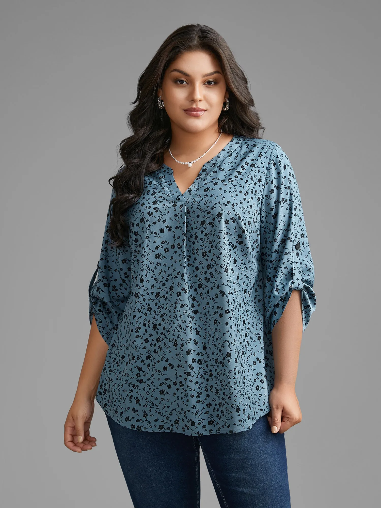 Ditsy Floral Button Cuff Sleeve Pleated Blouse sold by Bloomchic