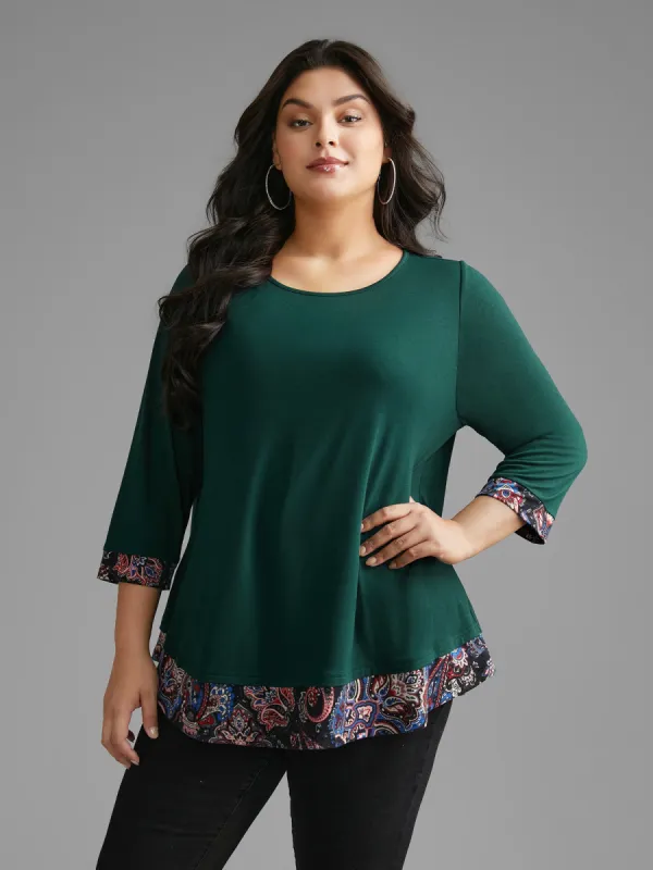 Crew Neck Bandana Print Patchwork T-shirt made by Bloomchic