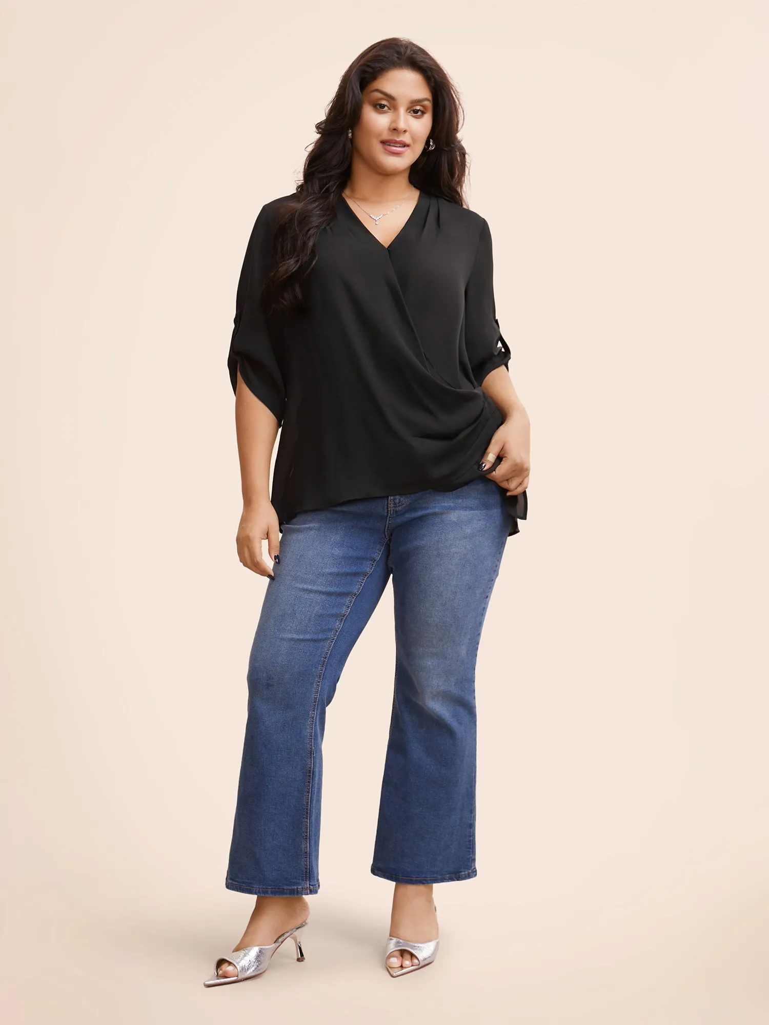 Overlap Collar Gathered Tab Sleeve Blouse sold by Bloomchic product image thumbnail 2