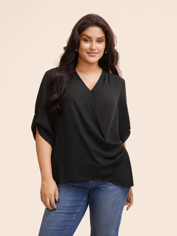 Overlap Collar Gathered Tab Sleeve Blouse sold by Bloomchic