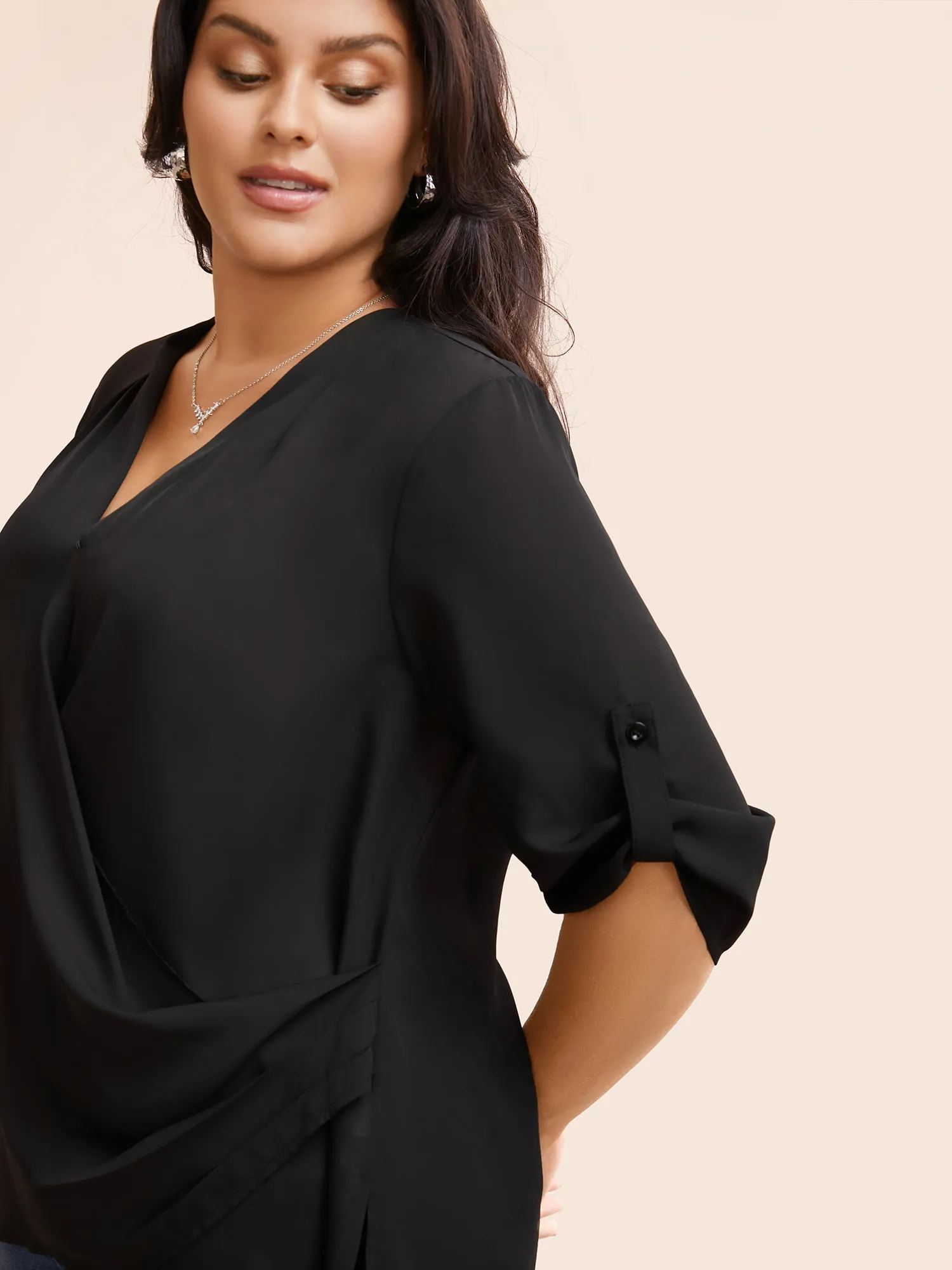 Overlap Collar Gathered Tab Sleeve Blouse sold by Bloomchic product image thumbnail 3