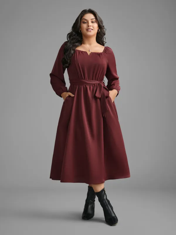 Square Neck Gathered Belted Midi Dress sold by Bloomchic
