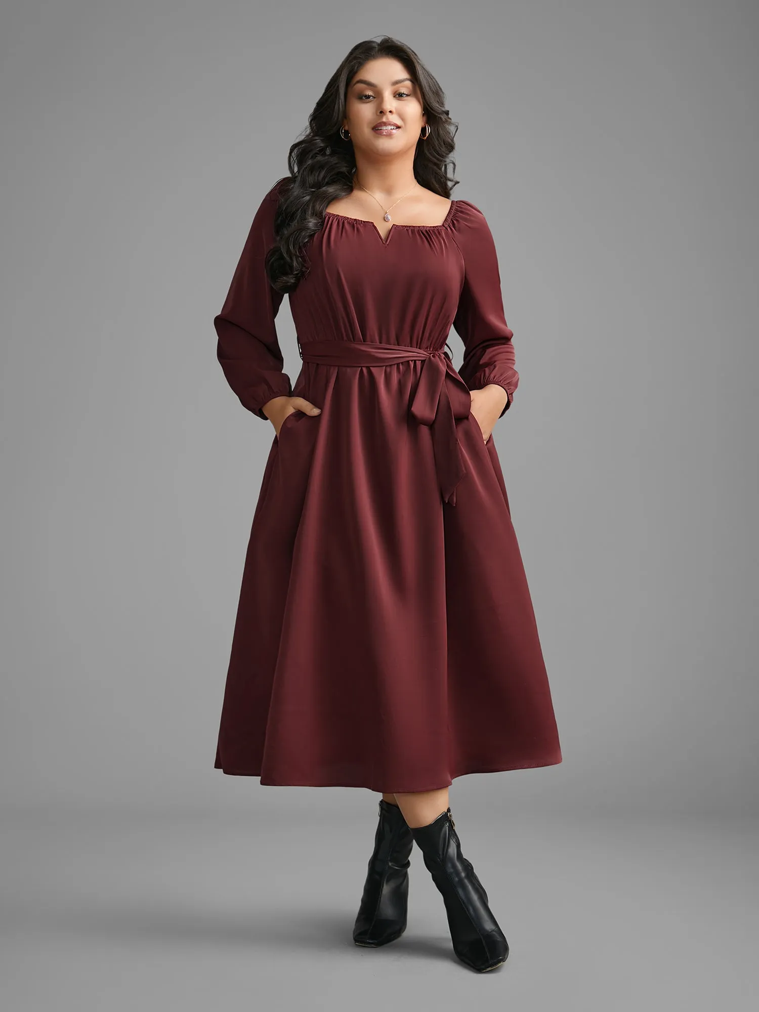 Square Neck Gathered Belted Midi Dress sold by Bloomchic