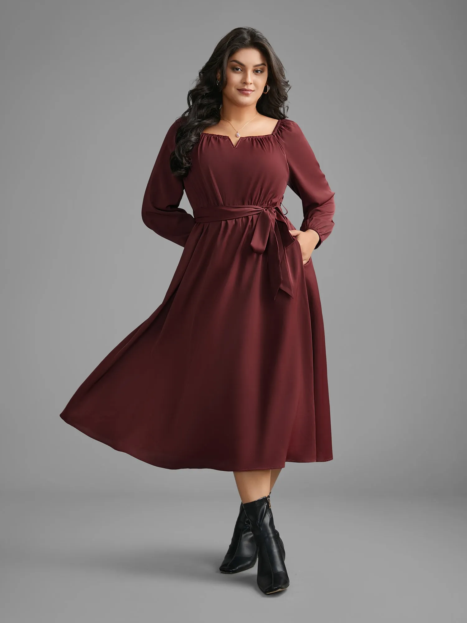 Square Neck Gathered Belted Midi Dress sold by Bloomchic product image thumbnail 4