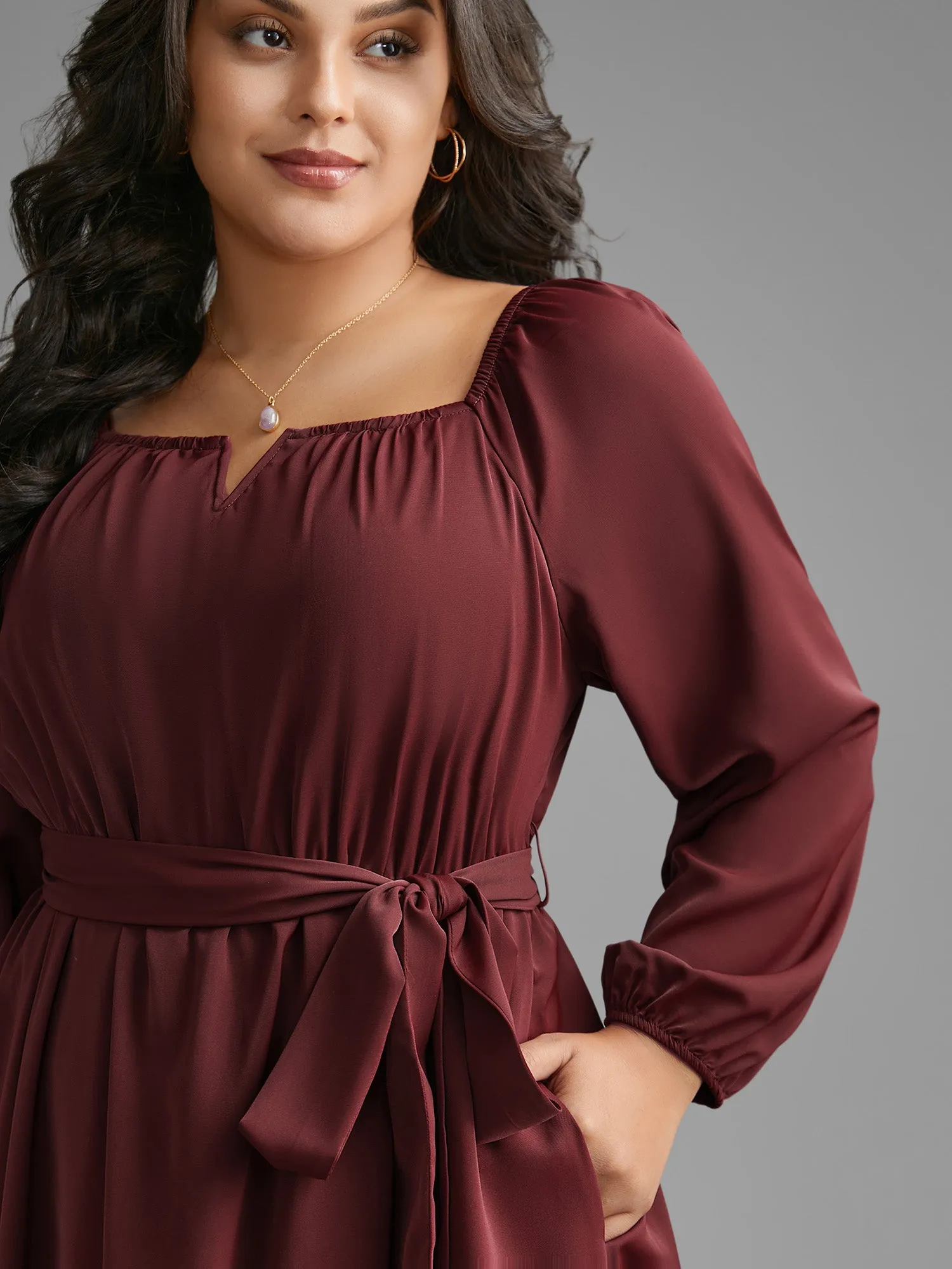 Square Neck Gathered Belted Midi Dress sold by Bloomchic product image thumbnail 2