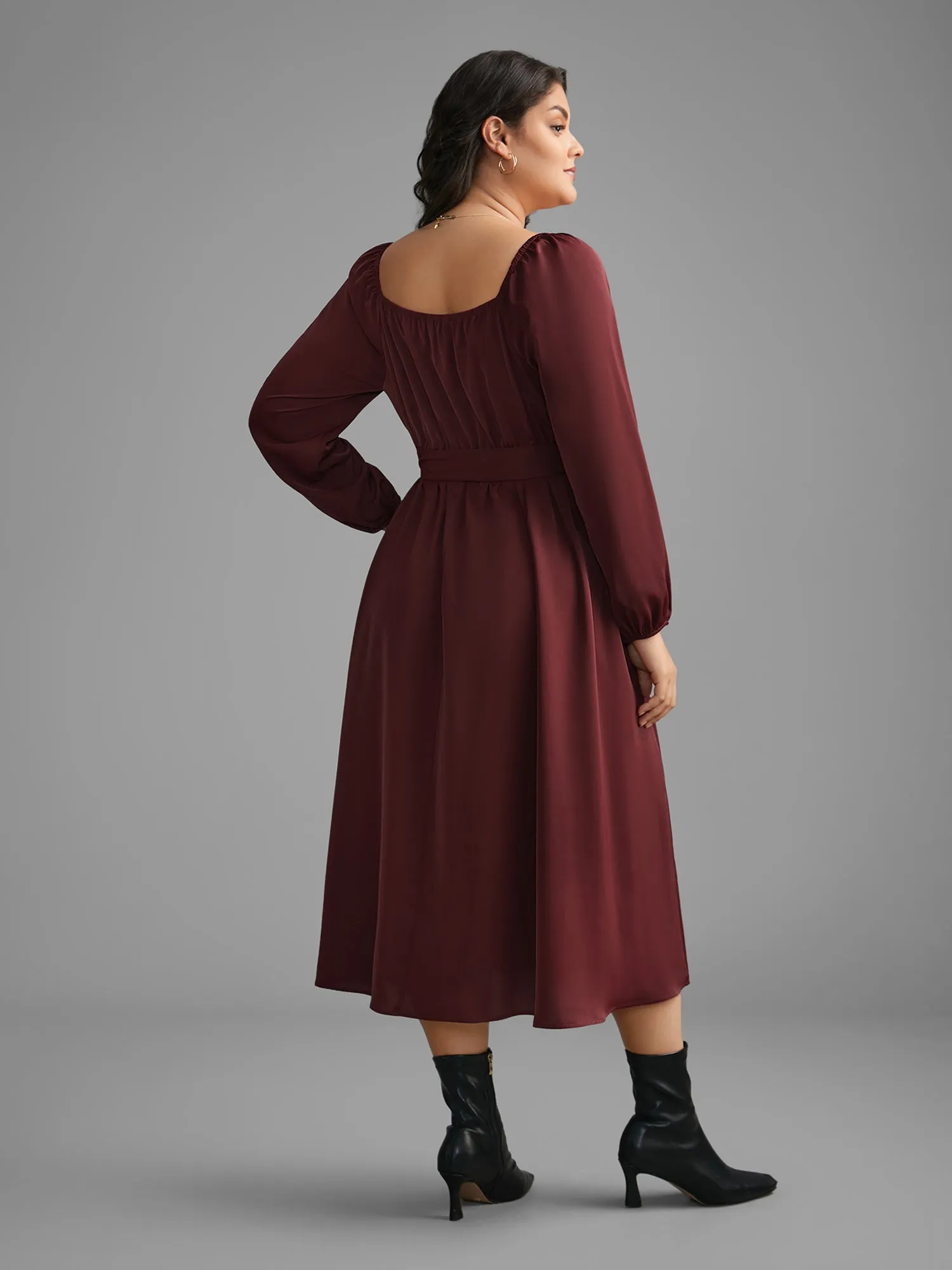 Square Neck Gathered Belted Midi Dress sold by Bloomchic product image thumbnail 5