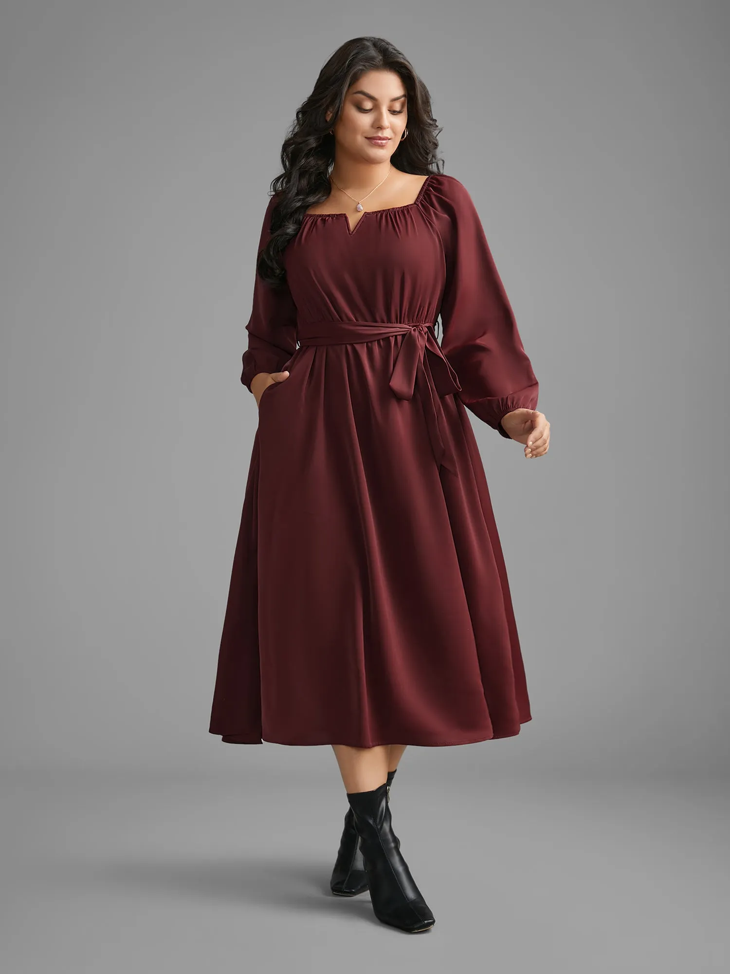 Square Neck Gathered Belted Midi Dress sold by Bloomchic product image thumbnail 3