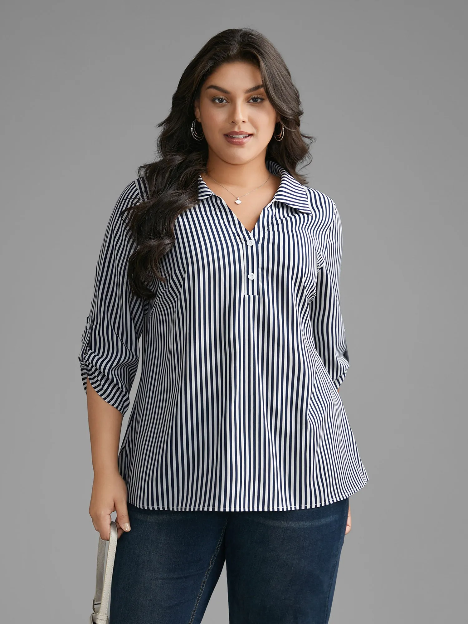 Striped Button Cuff Sleeve Split Hem Blouse sold by Bloomchic product image thumbnail 4