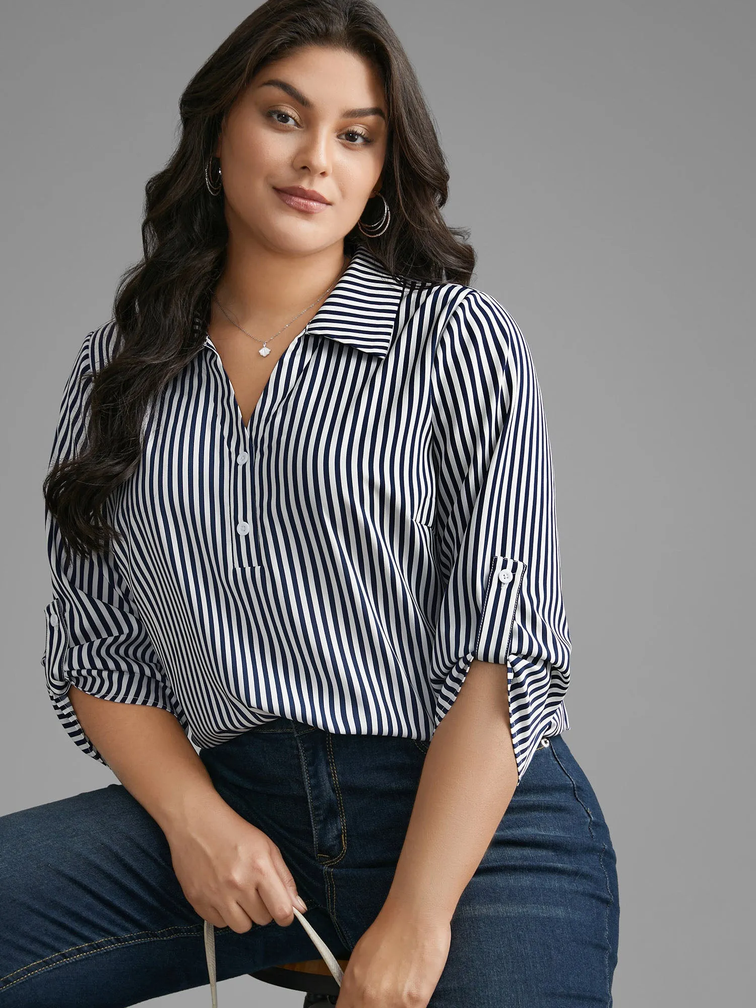 Striped Button Cuff Sleeve Split Hem Blouse sold by Bloomchic