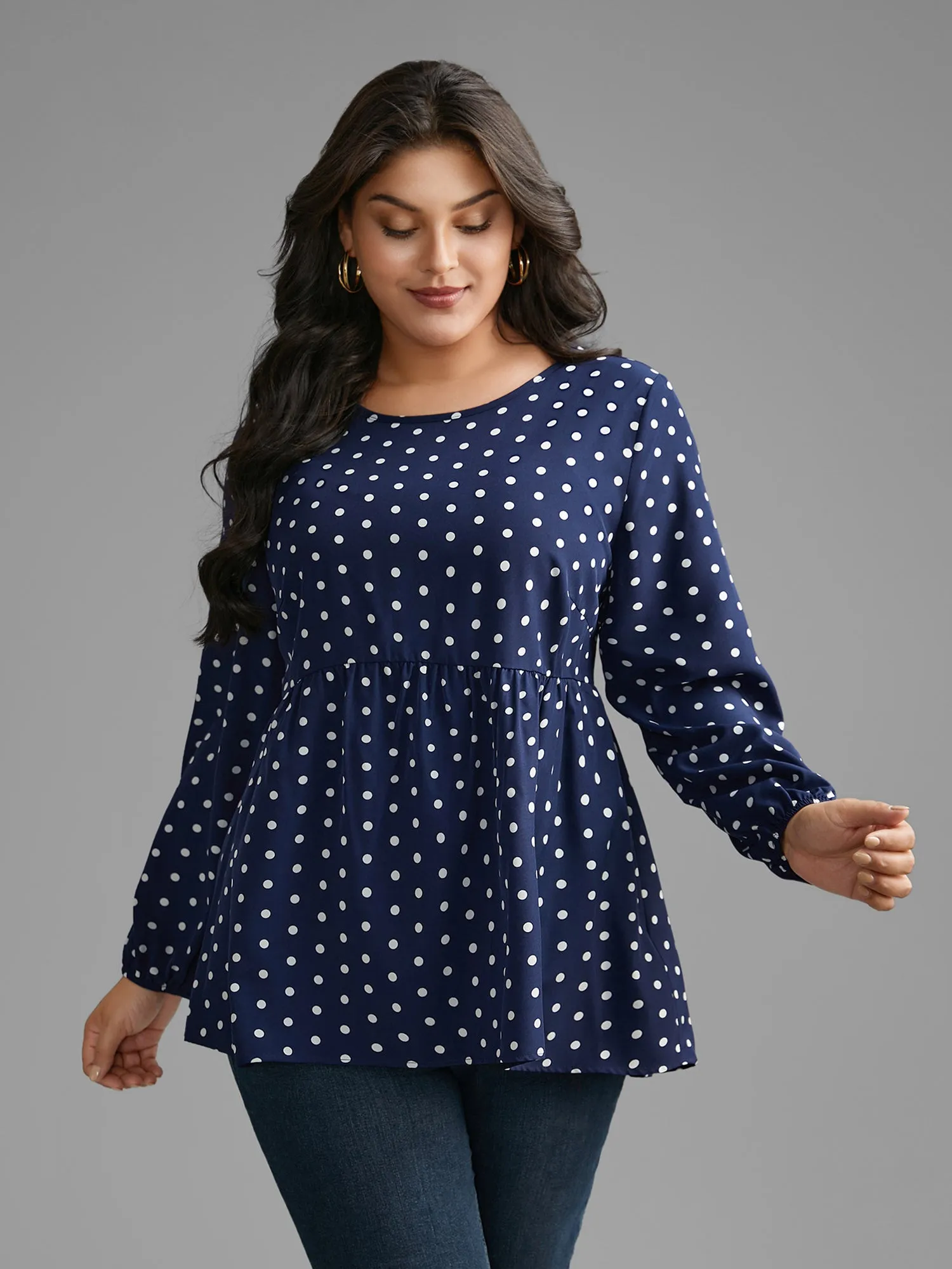 Polka Dot Gathered Lantern Sleeve Blouse sold by Bloomchic