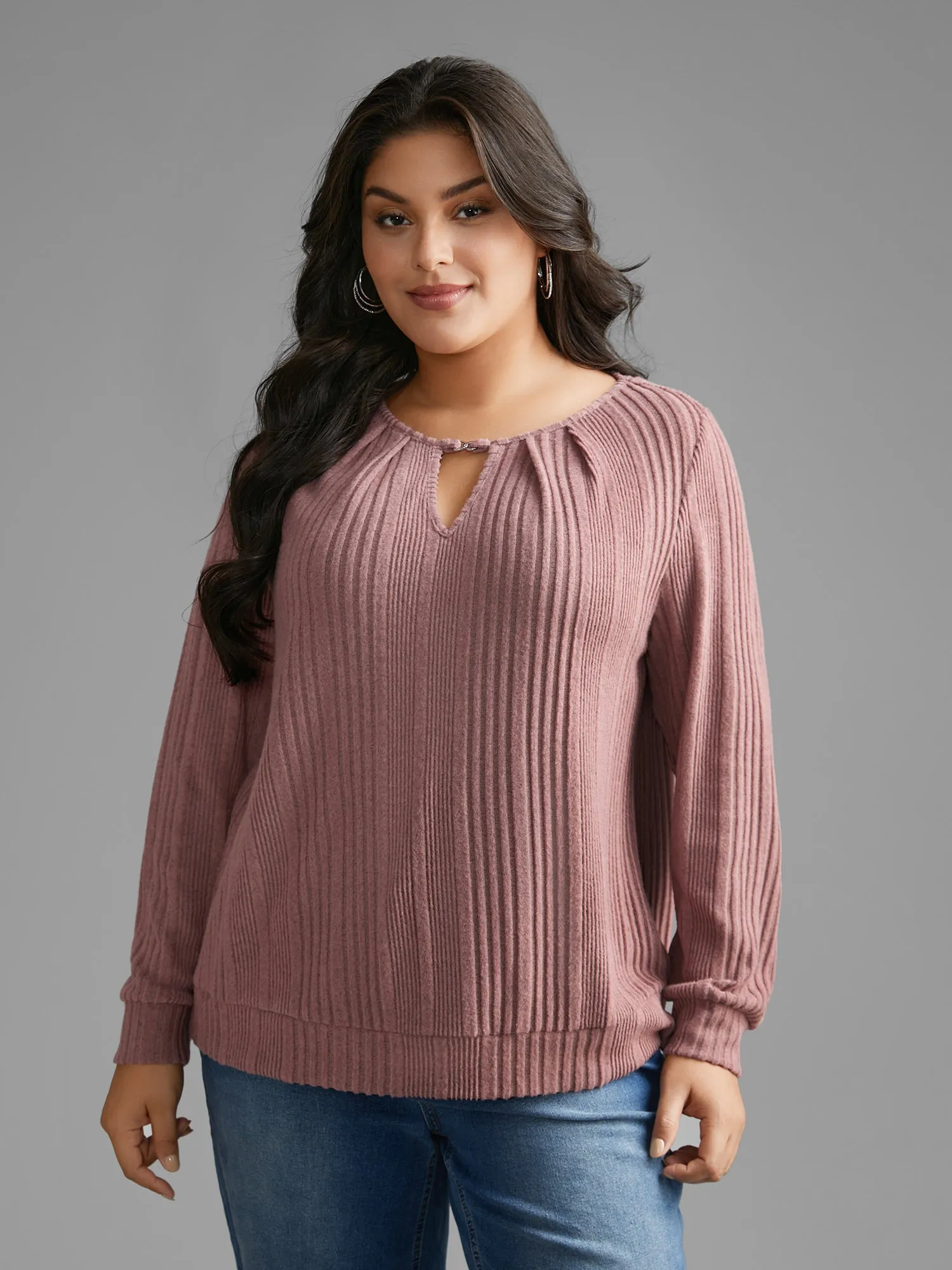 Textured Keyhole Metal Detail Pleated Sweatshirt sold by Bloomchic product image thumbnail 3