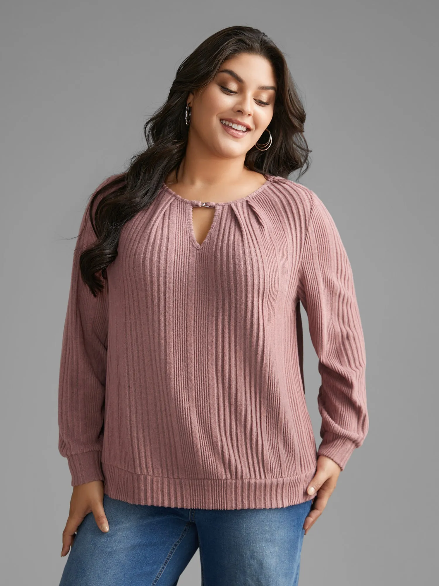 Textured Keyhole Metal Detail Pleated Sweatshirt sold by Bloomchic