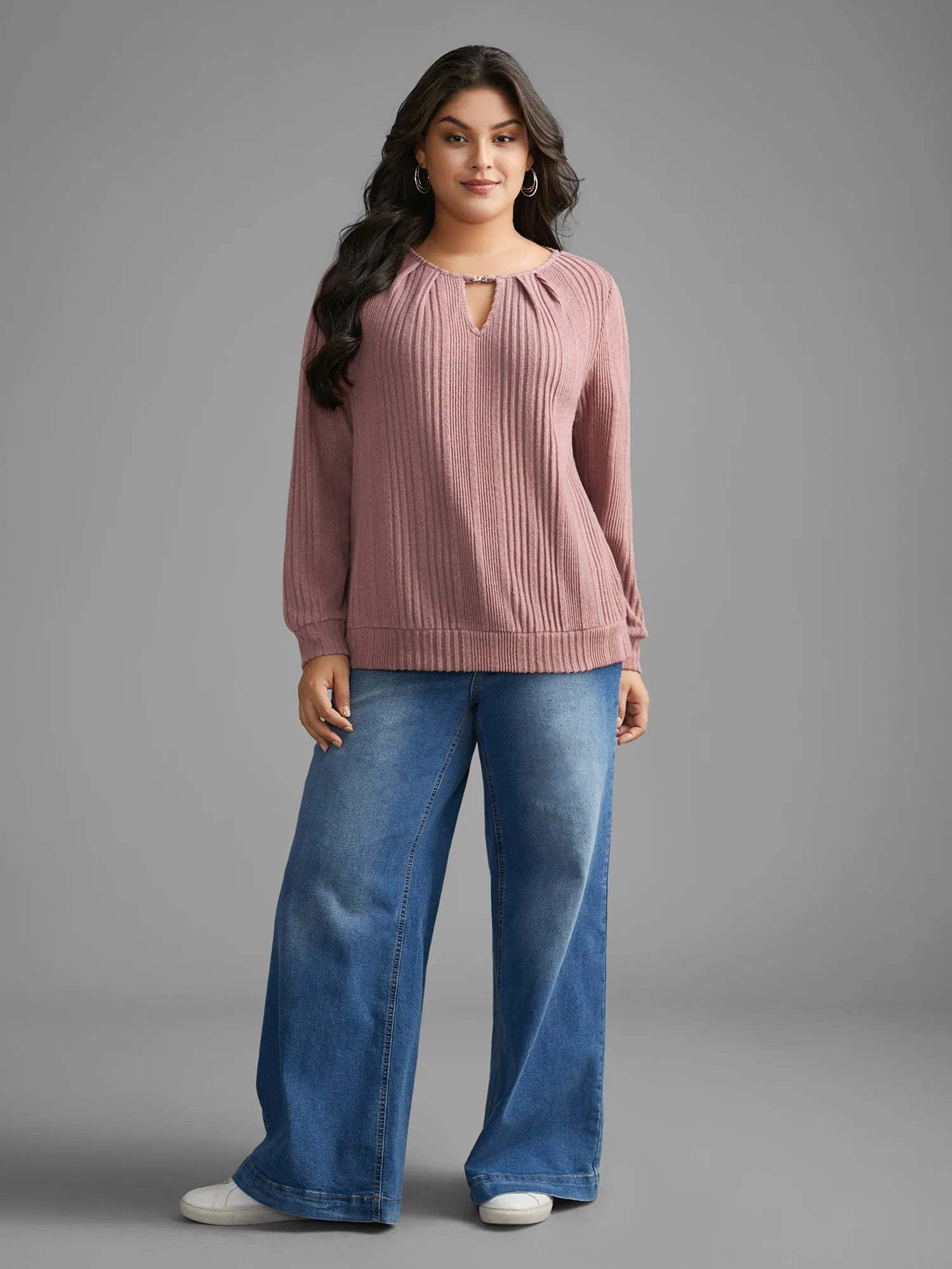 Textured Keyhole Metal Detail Pleated Sweatshirt sold by Bloomchic product image thumbnail 5