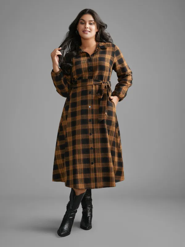 Shirt Collar Plaid Belted Midi Dress sold by Bloomchic