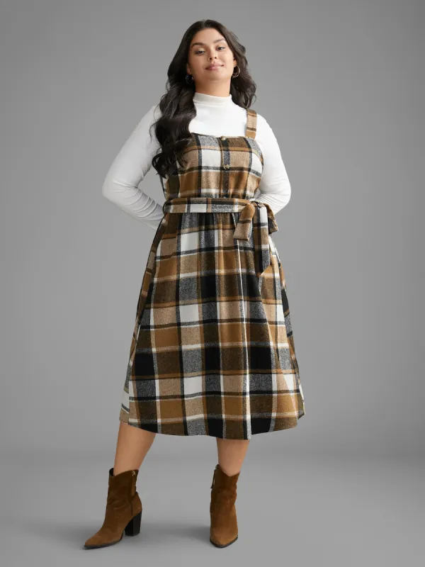 Square Neck Plaid Button Detail Belted Dress sold by Bloomchic