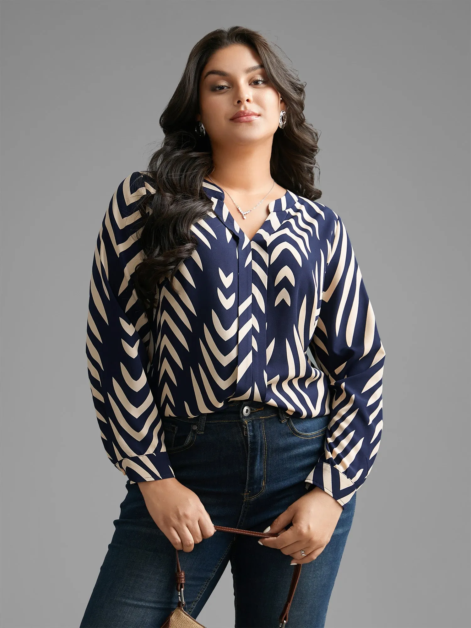Geometric Notched Pleated Slit Hem Blouse sold by Bloomchic product image thumbnail 3