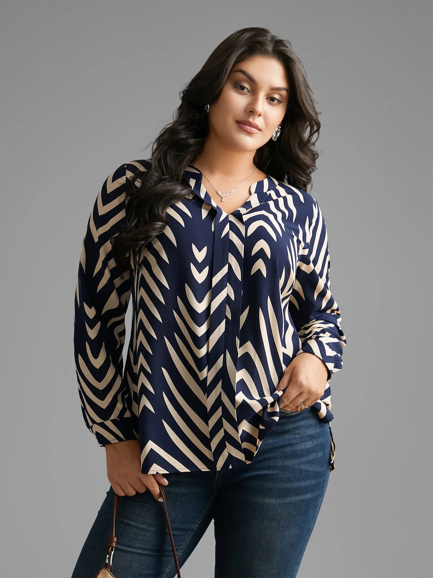 Geometric Notched Pleated Slit Hem Blouse sold by Bloomchic