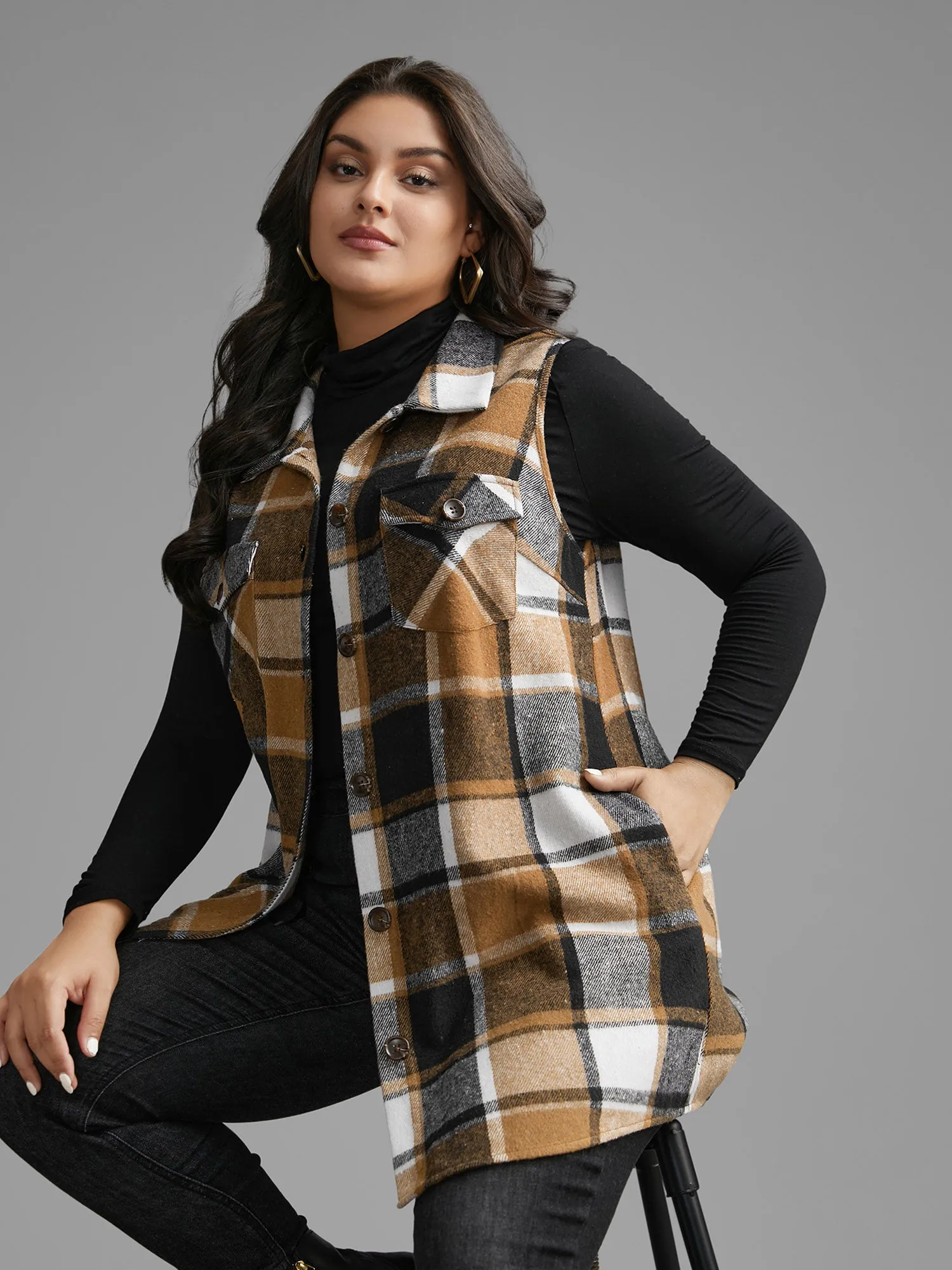 Plaid Flap Detail Sleeveless Jacket sold by Bloomchic product image thumbnail 4