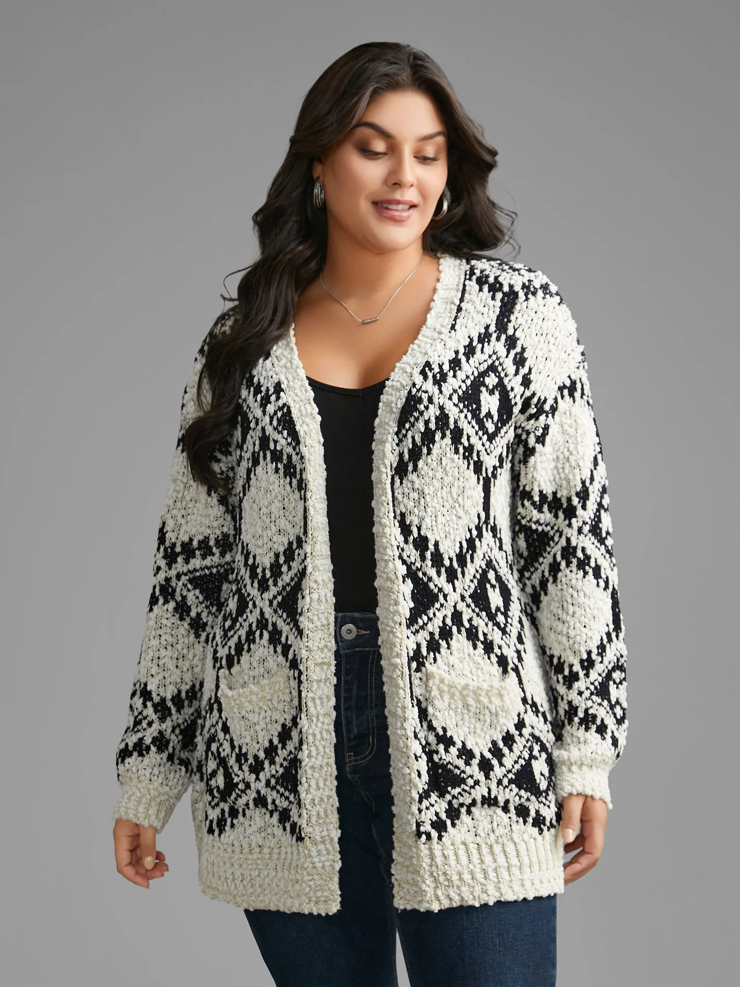 Bandana Jacquard Patched Pocket Drop Shoulder Cardigan sold by Bloomchic