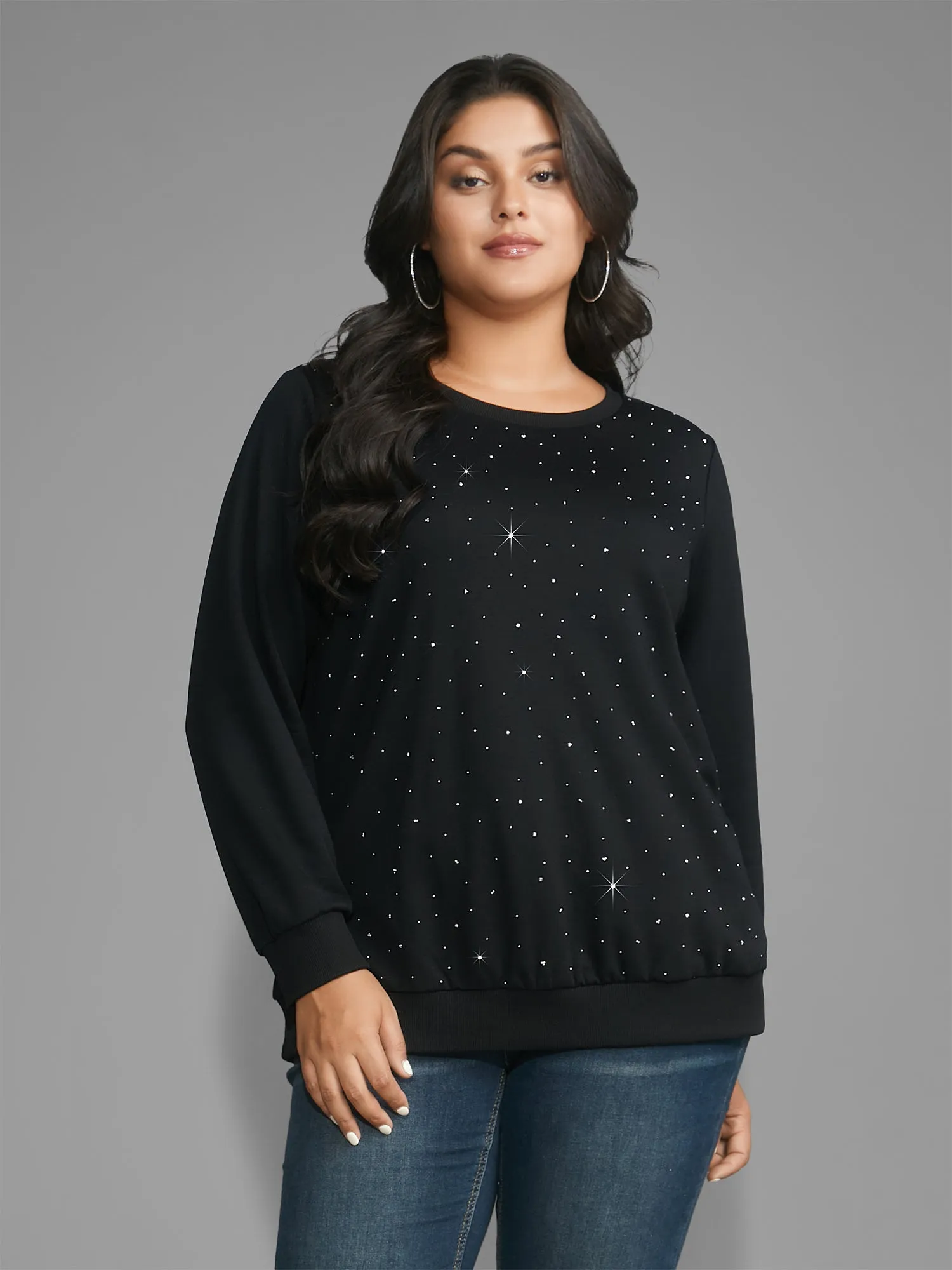 Crew Neck Rhinestone Slightly Stretchy Sweatshirt sold by Bloomchic product image thumbnail 2