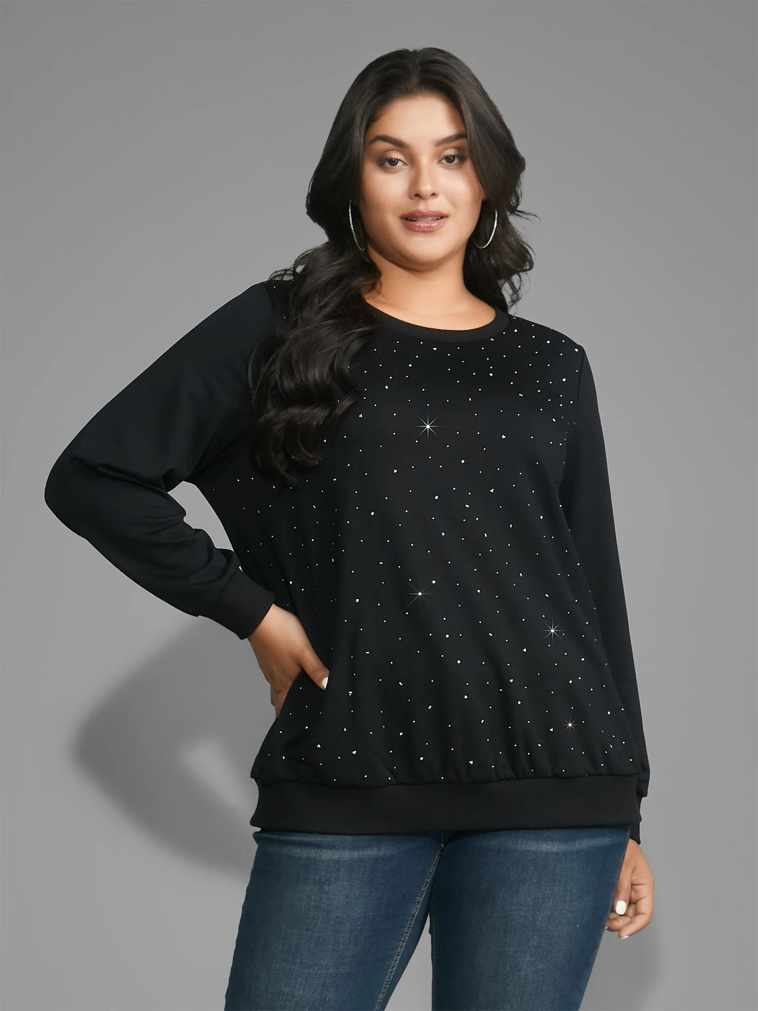 Crew Neck Rhinestone Slightly Stretchy Sweatshirt sold by Bloomchic product image thumbnail 3