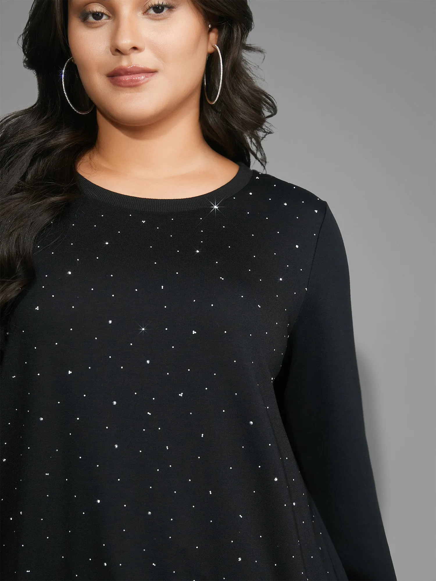 Crew Neck Rhinestone Slightly Stretchy Sweatshirt sold by Bloomchic