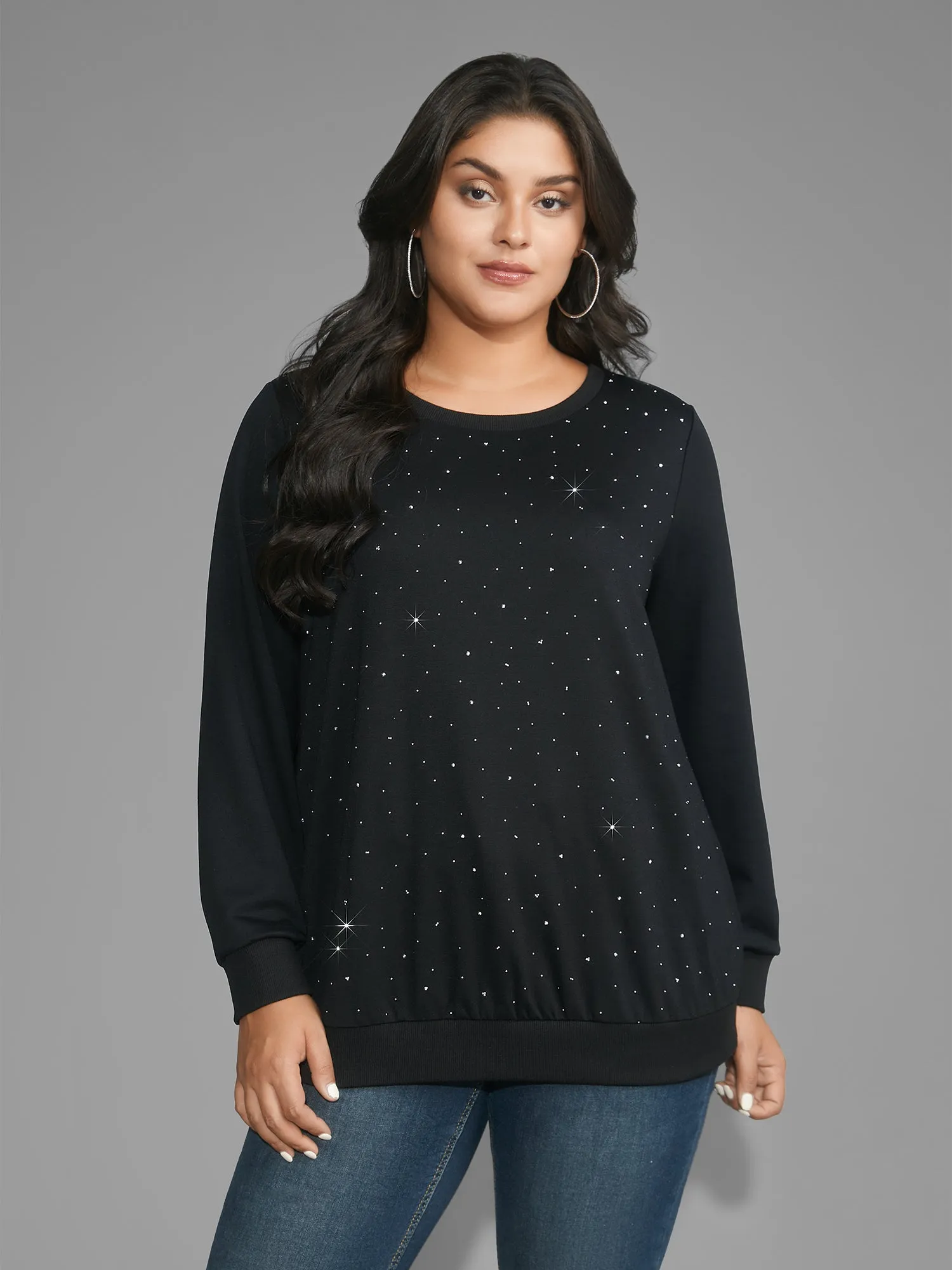 Crew Neck Rhinestone Slightly Stretchy Sweatshirt sold by Bloomchic product image thumbnail 4