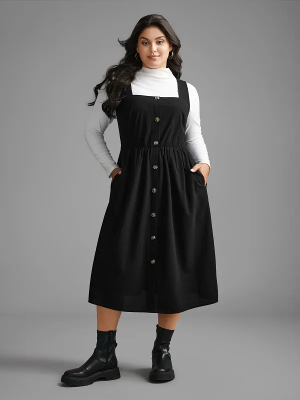 Corduroy Square Neck Button Detail Dress sold by Bloomchic