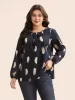 Feather Print Pleated Slit Hem Blouse sold by Bloomchic