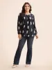 Feather Print Pleated Slit Hem Blouse sold by Bloomchic