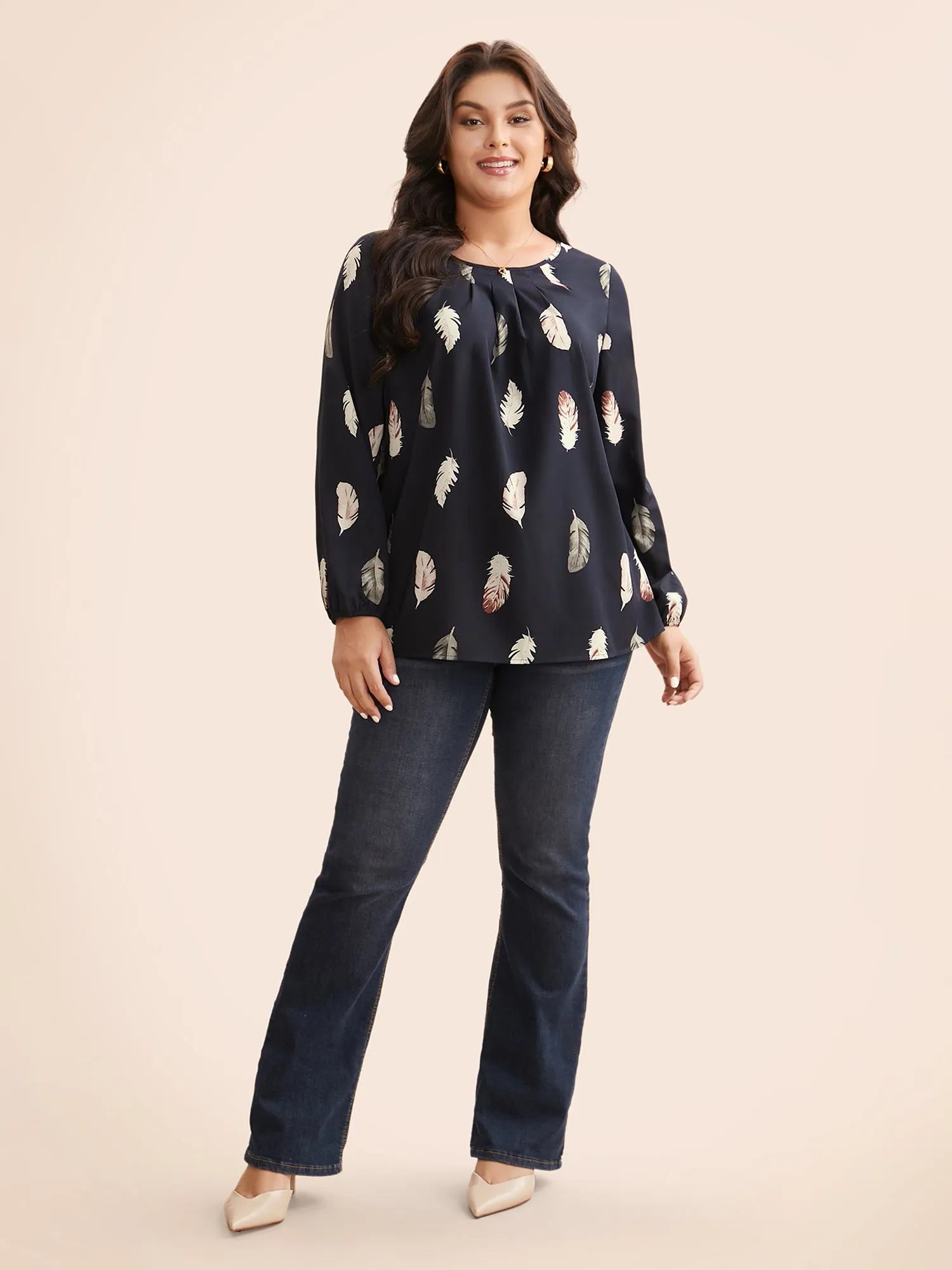 Feather Print Pleated Slit Hem Blouse sold by Bloomchic product image thumbnail 2