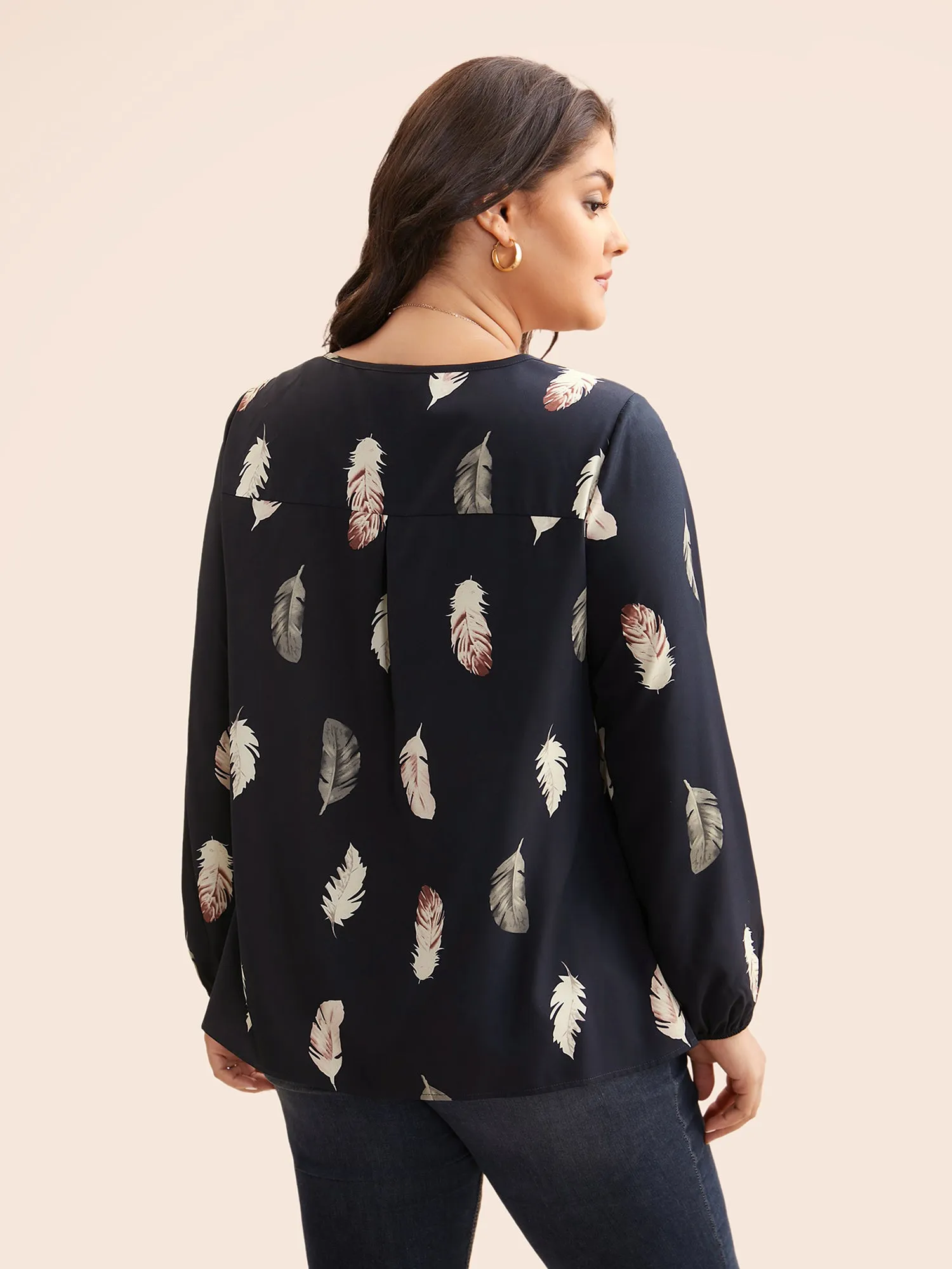 Feather Print Pleated Slit Hem Blouse sold by Bloomchic product image thumbnail 5