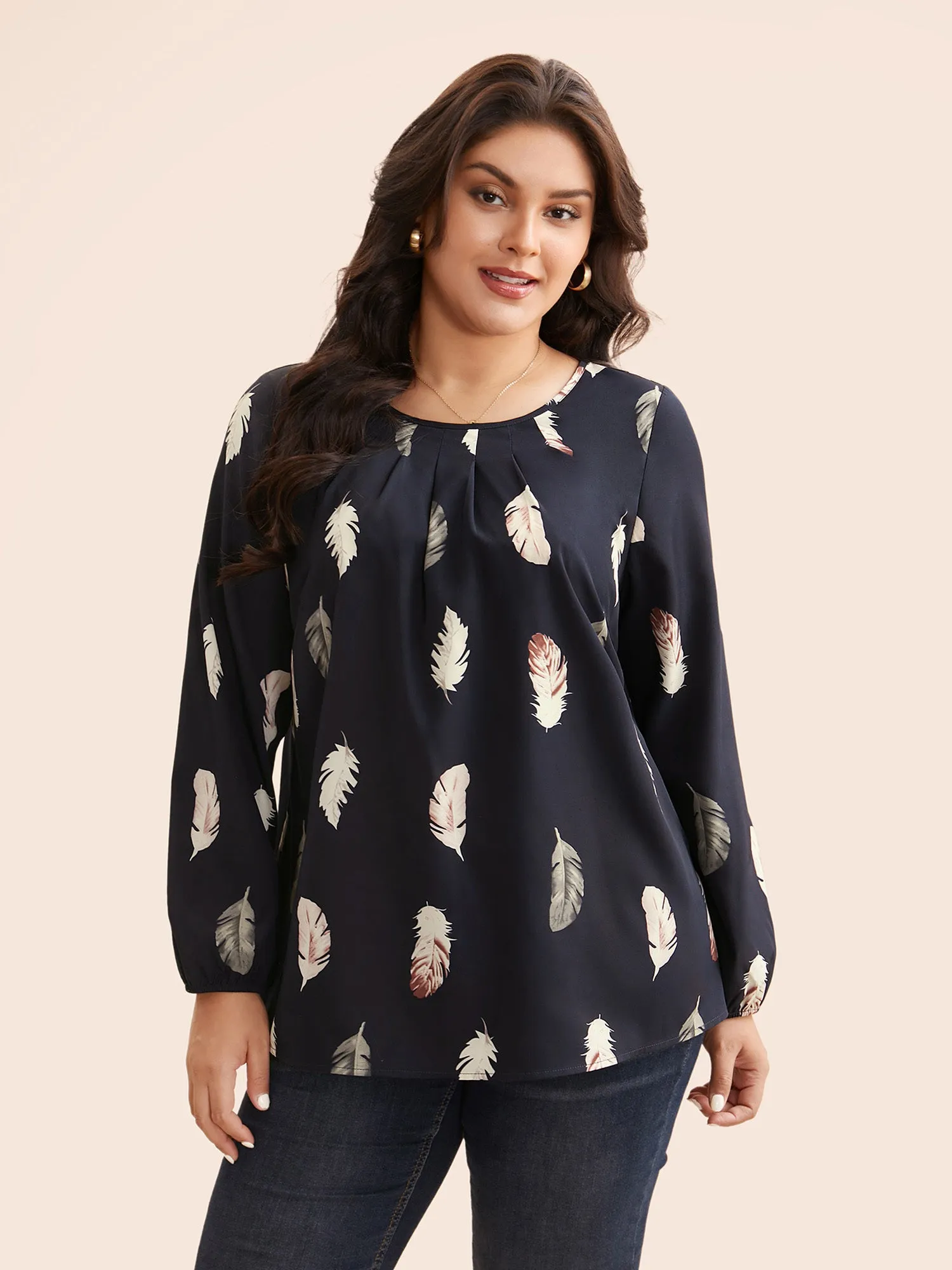 Feather Print Pleated Slit Hem Blouse sold by Bloomchic