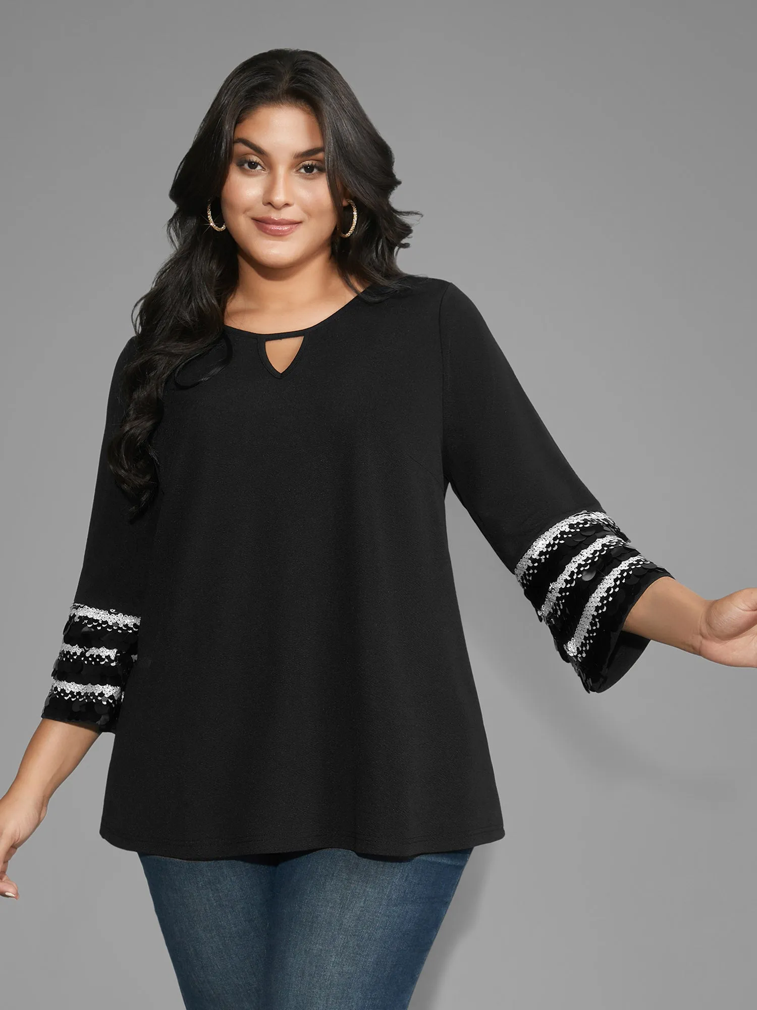 Sequin Patchwork Keyhole Bell Sleeve Blouse sold by Bloomchic product image thumbnail 4