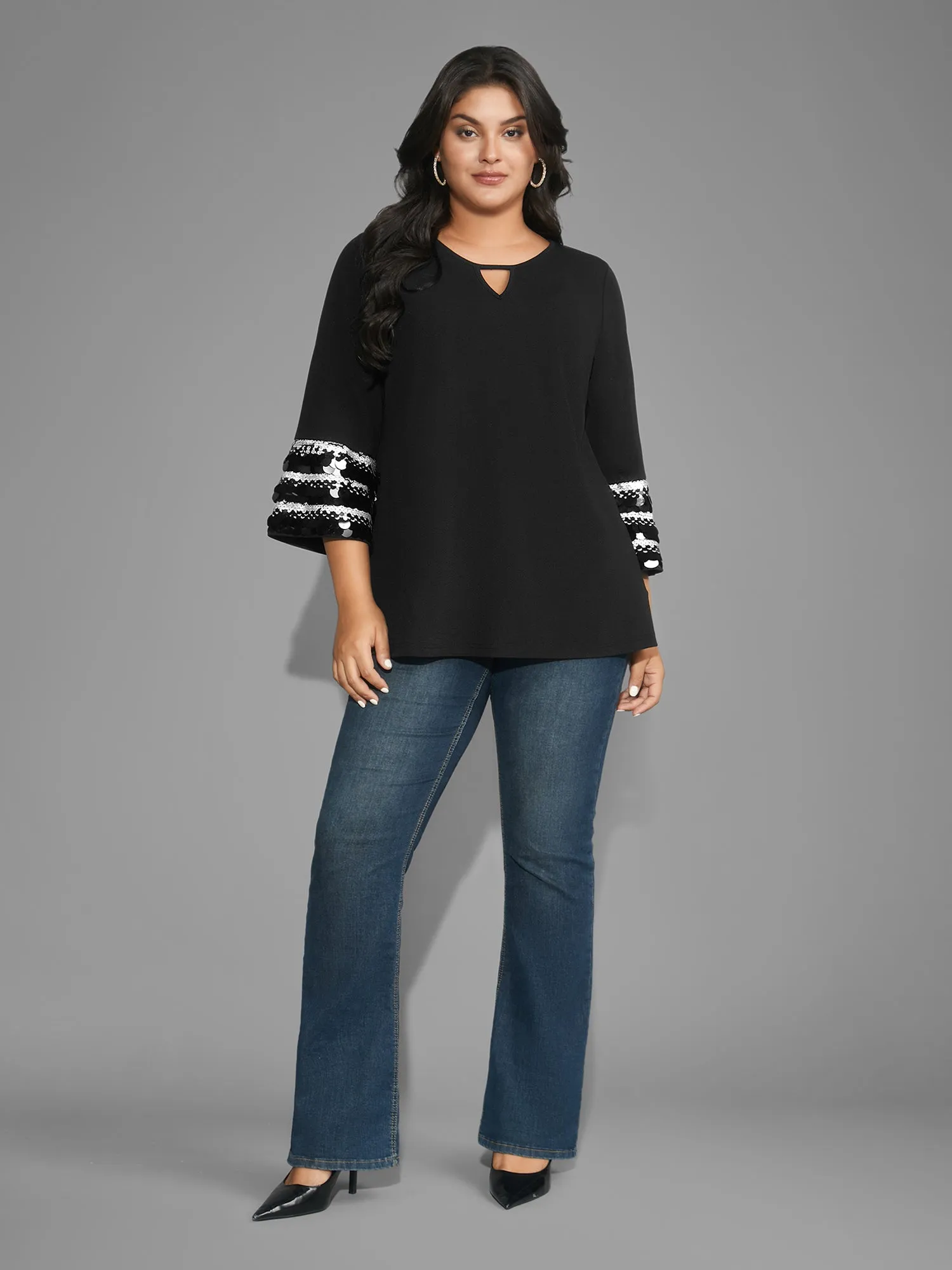 Sequin Patchwork Keyhole Bell Sleeve Blouse sold by Bloomchic product image thumbnail 2