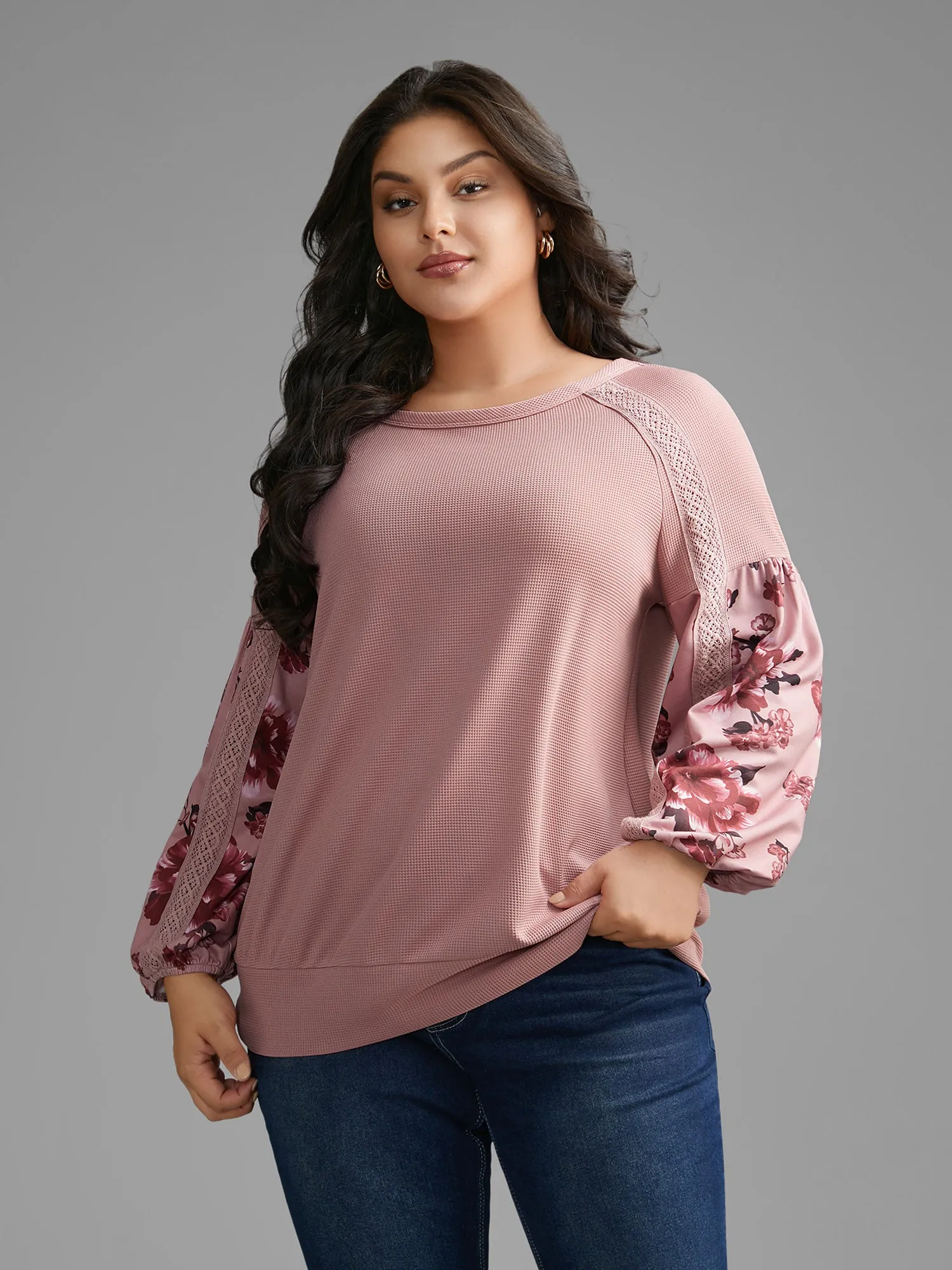 Round Neck Floral Patchwork Woven Ribbon Sweatshirt sold by Bloomchic product image thumbnail 3