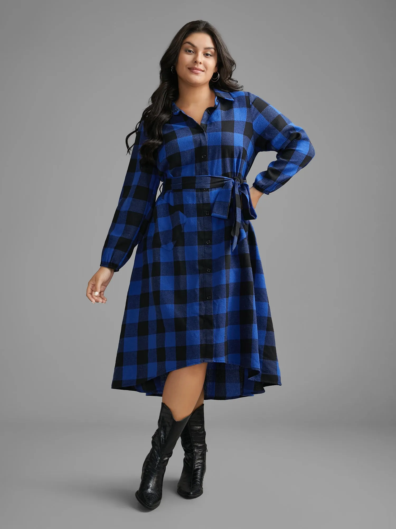 Plaid Patch Pocket Belted Midi Dress sold by Bloomchic