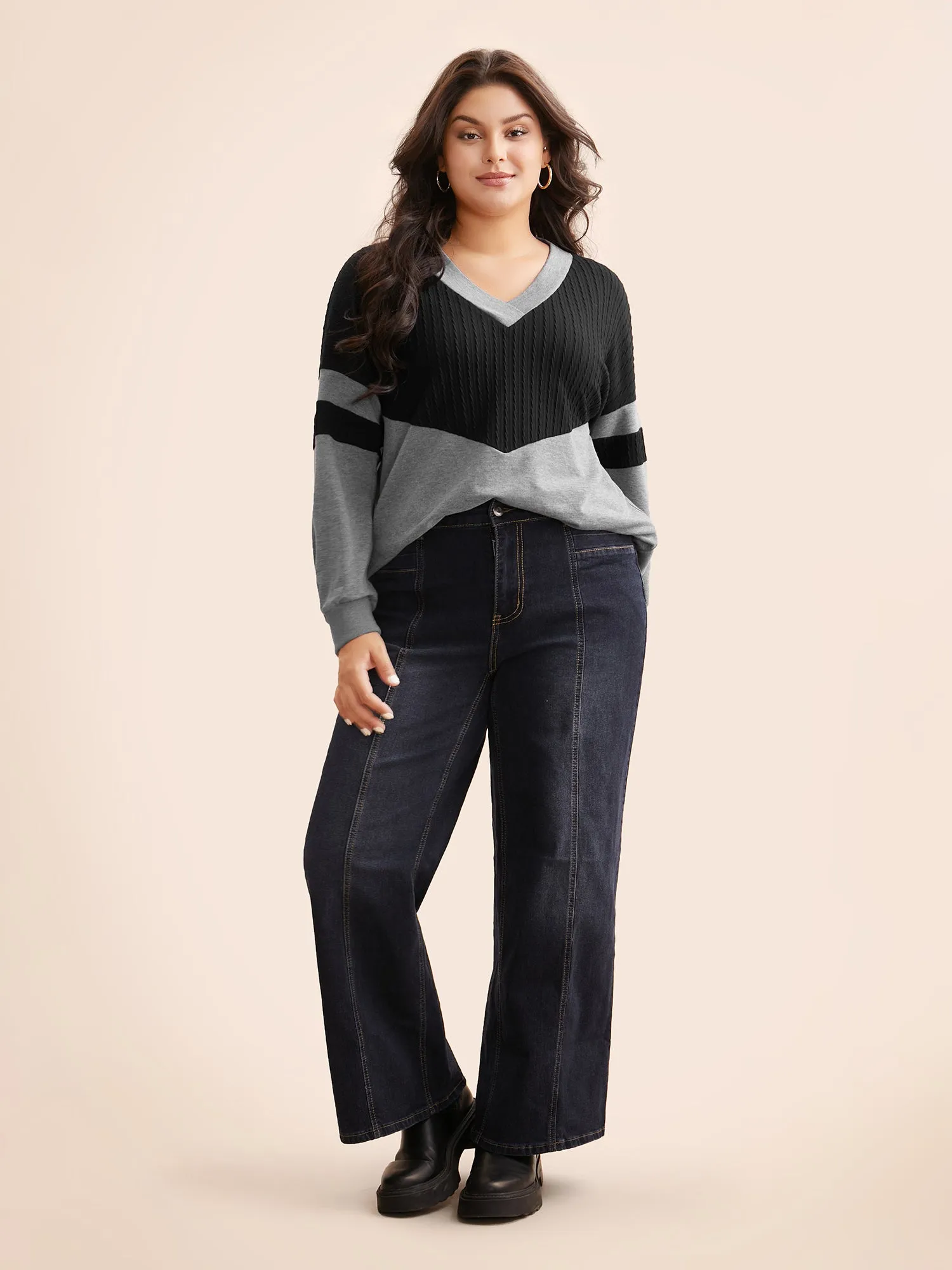 Texture Patchwork Contrast V Neck Sweatshirt sold by Bloomchic product image thumbnail 4